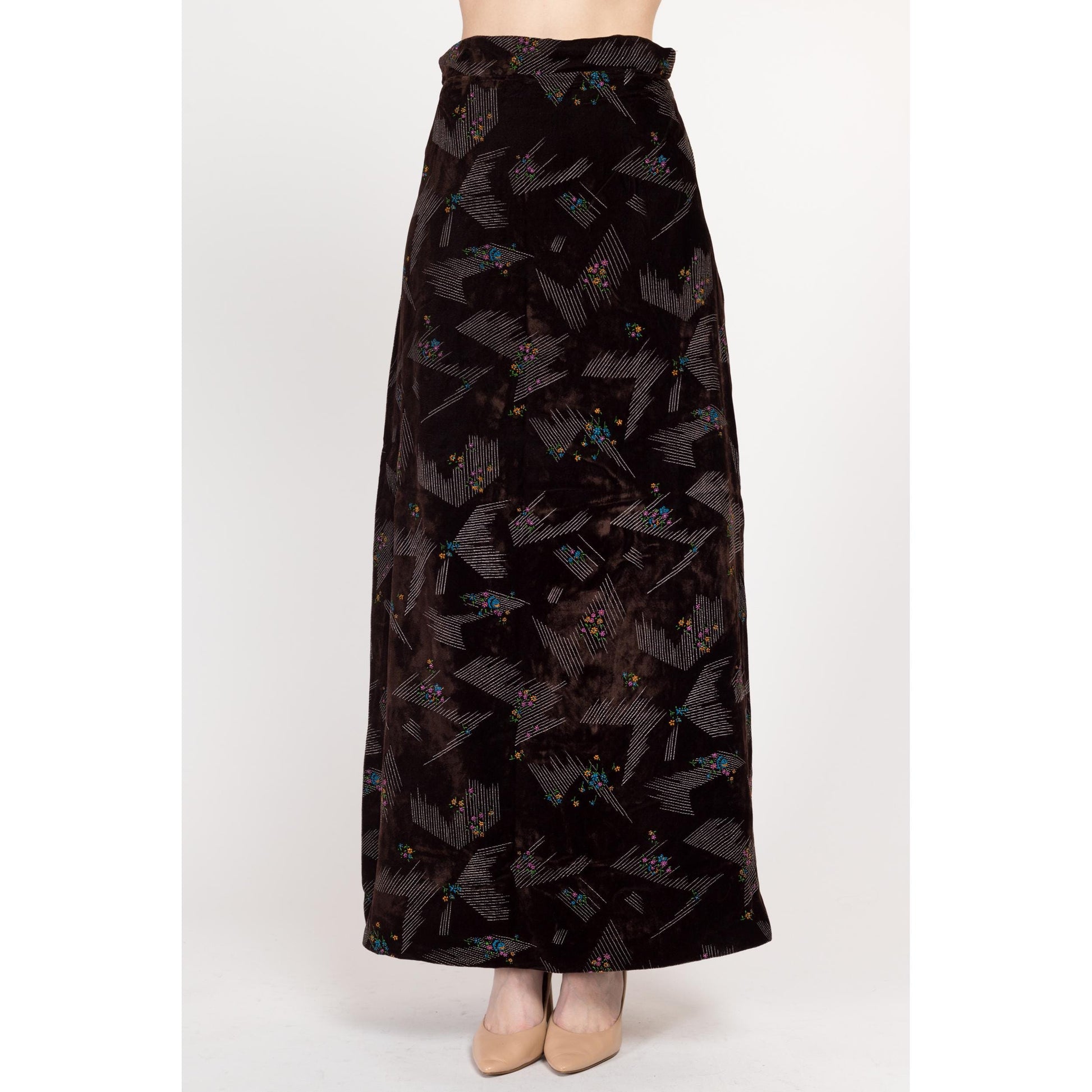 Small 70s Abstract Floral Dark Brown Velvet Maxi Skirt 27" | Vintage High Waisted A Line Hostess Skirt