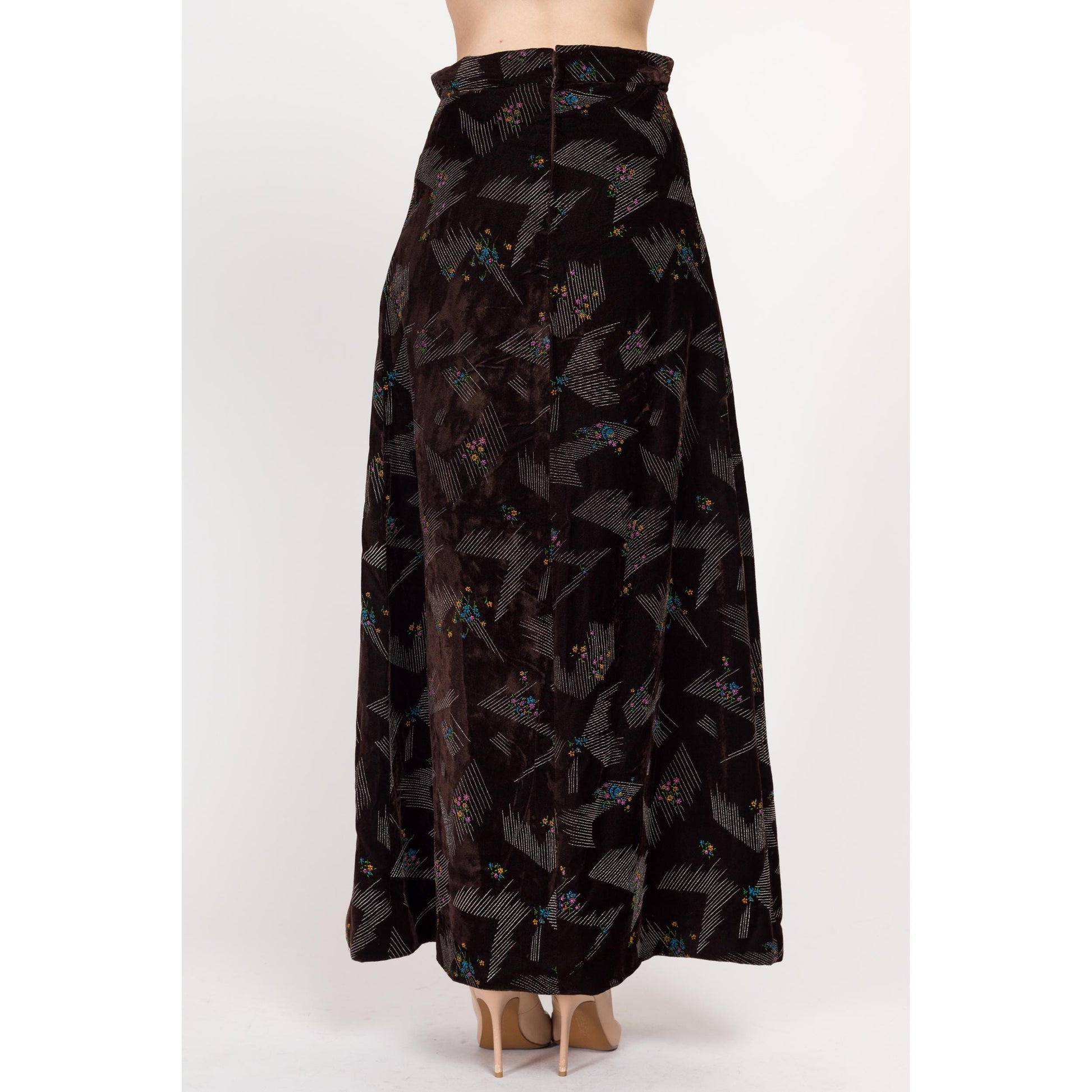 Small 70s Abstract Floral Dark Brown Velvet Maxi Skirt 27" | Vintage High Waisted A Line Hostess Skirt