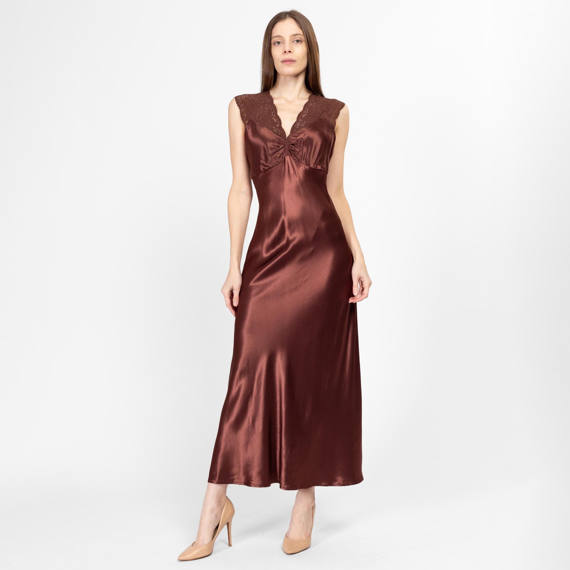 XS-Sm 90s Hugo Buscati Chocolate Brown Satin Bias Cut Slip Dress | Retro Vintage Slinky Lace Trim Low Back Maxi Gown