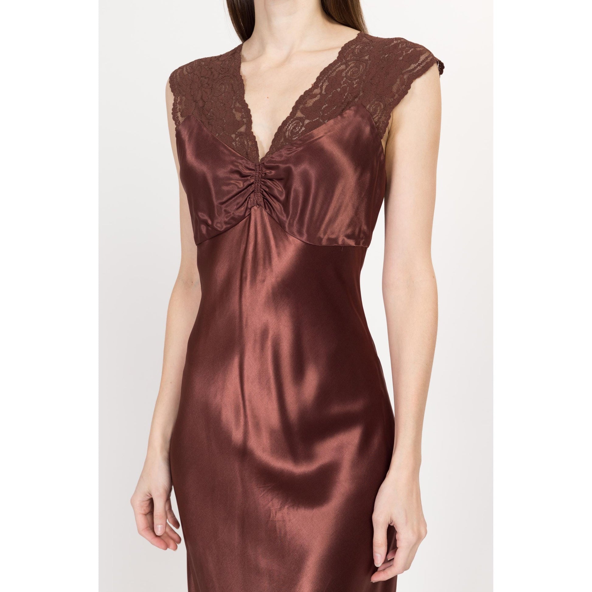 XS-Sm 90s Hugo Buscati Chocolate Brown Satin Bias Cut Slip Dress | Retro Vintage Slinky Lace Trim Low Back Maxi Gown