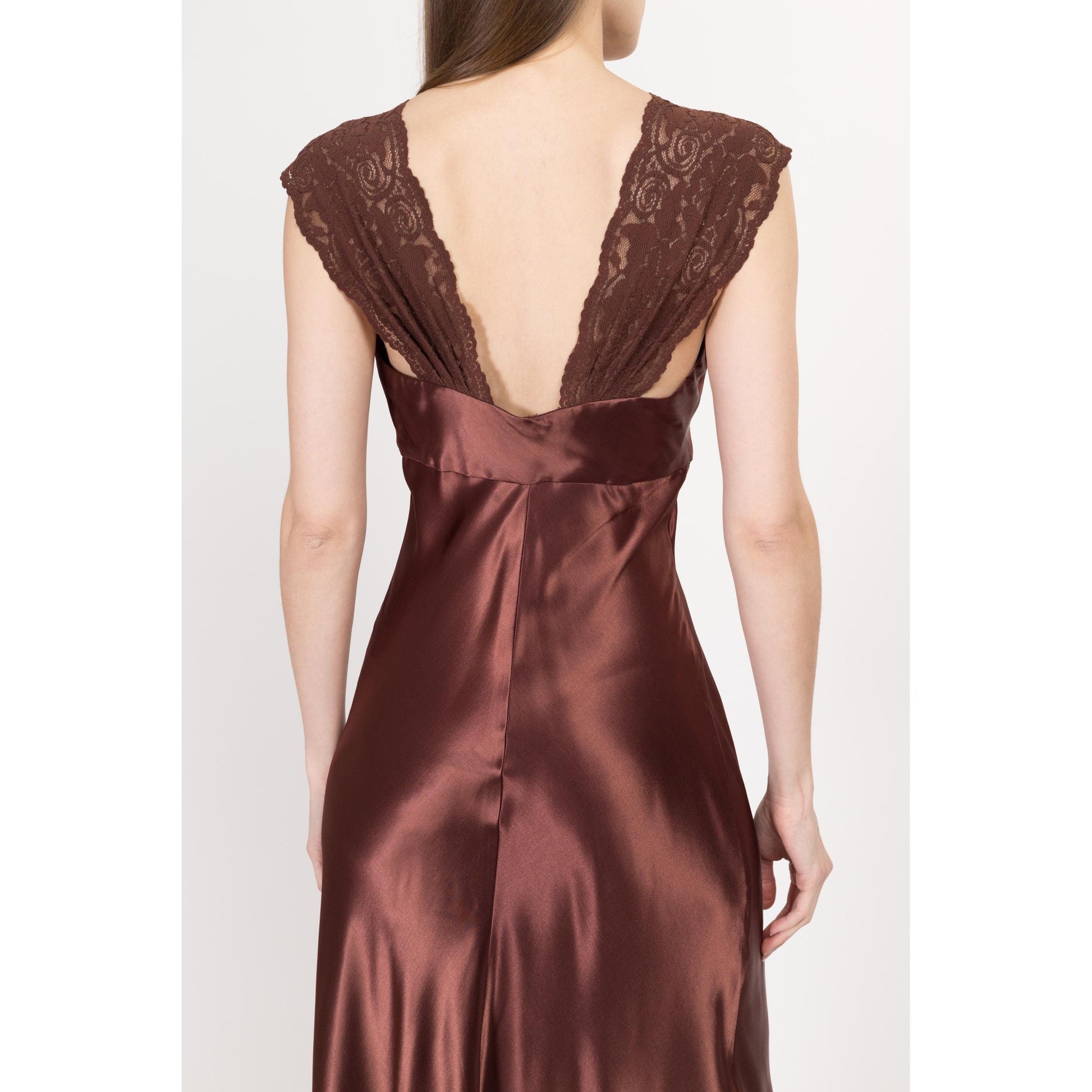 XS-Sm 90s Hugo Buscati Chocolate Brown Satin Bias Cut Slip Dress | Retro Vintage Slinky Lace Trim Low Back Maxi Gown