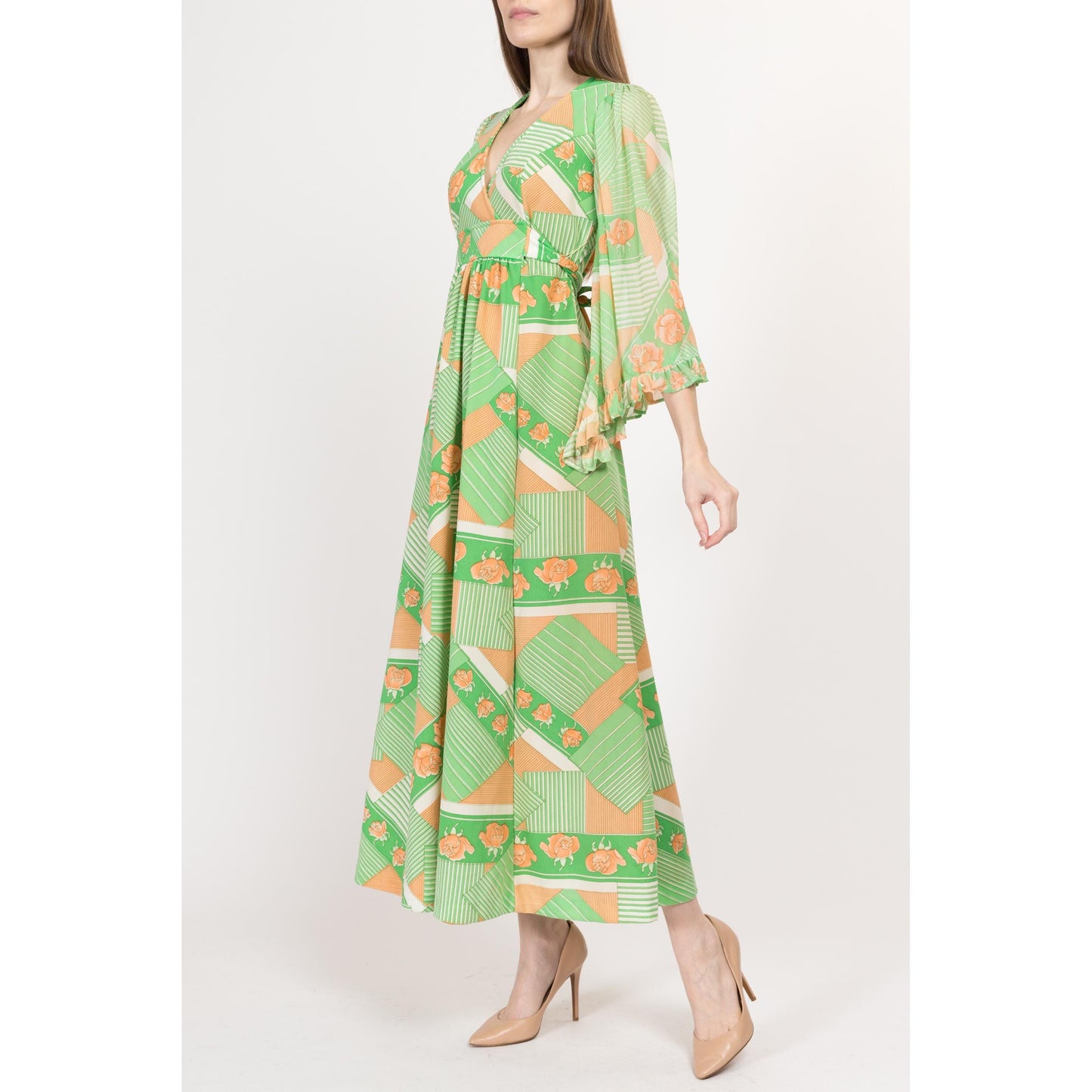 Small 70s Boho Green Floral Angel Sleeve Maxi Dress | Vintage Sheer Sleeve A Line Empire Waist Prairie Hippie Gown