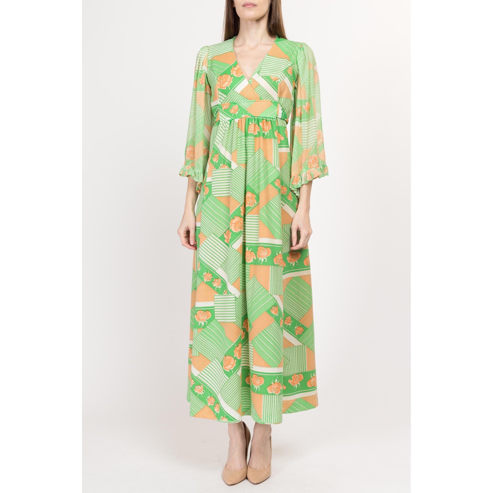 Small 70s Boho Green Floral Angel Sleeve Maxi Dress | Vintage Sheer Sleeve A Line Empire Waist Prairie Hippie Gown