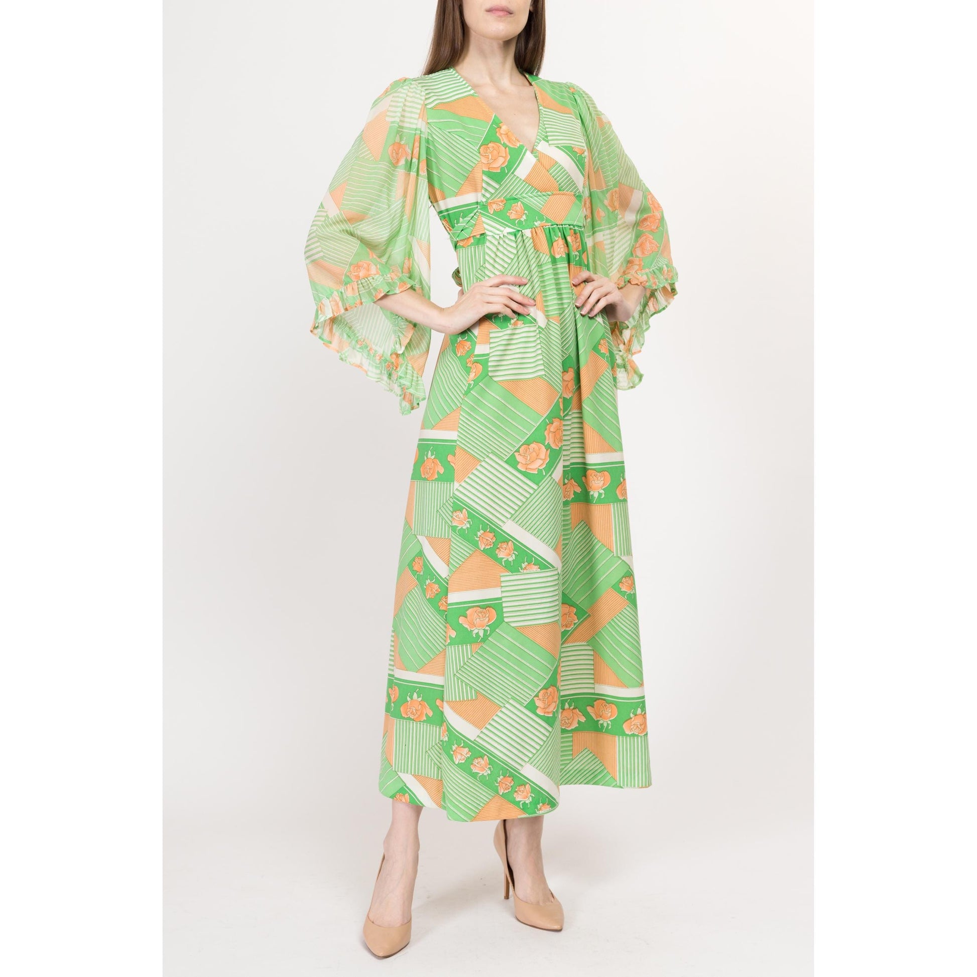 Small 70s Boho Green Floral Angel Sleeve Maxi Dress | Vintage Sheer Sleeve A Line Empire Waist Prairie Hippie Gown