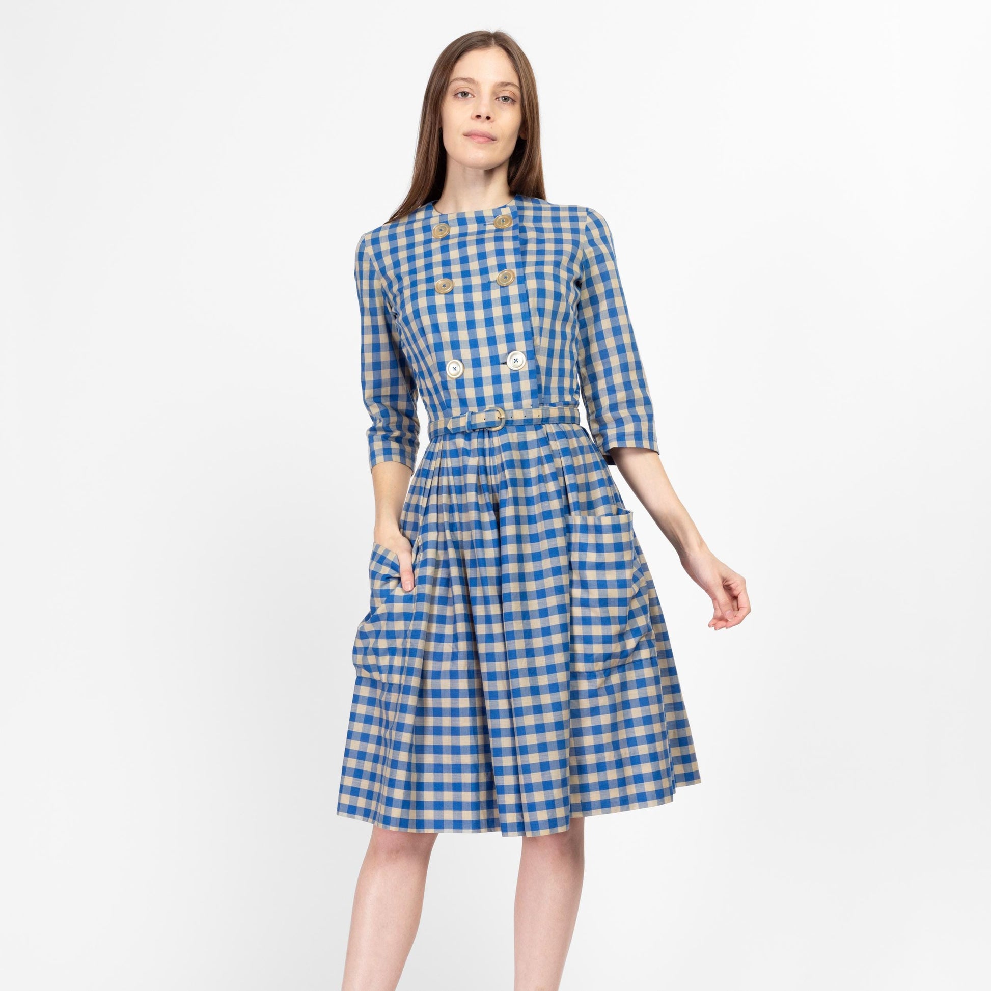 XS 1950s Blue Gingham Belted Fit & Flare Day Dress Flying Apple Vintage XS 1950s Blue Gingham Belted Fit & Flare Day Dress Flying Apple Vintage