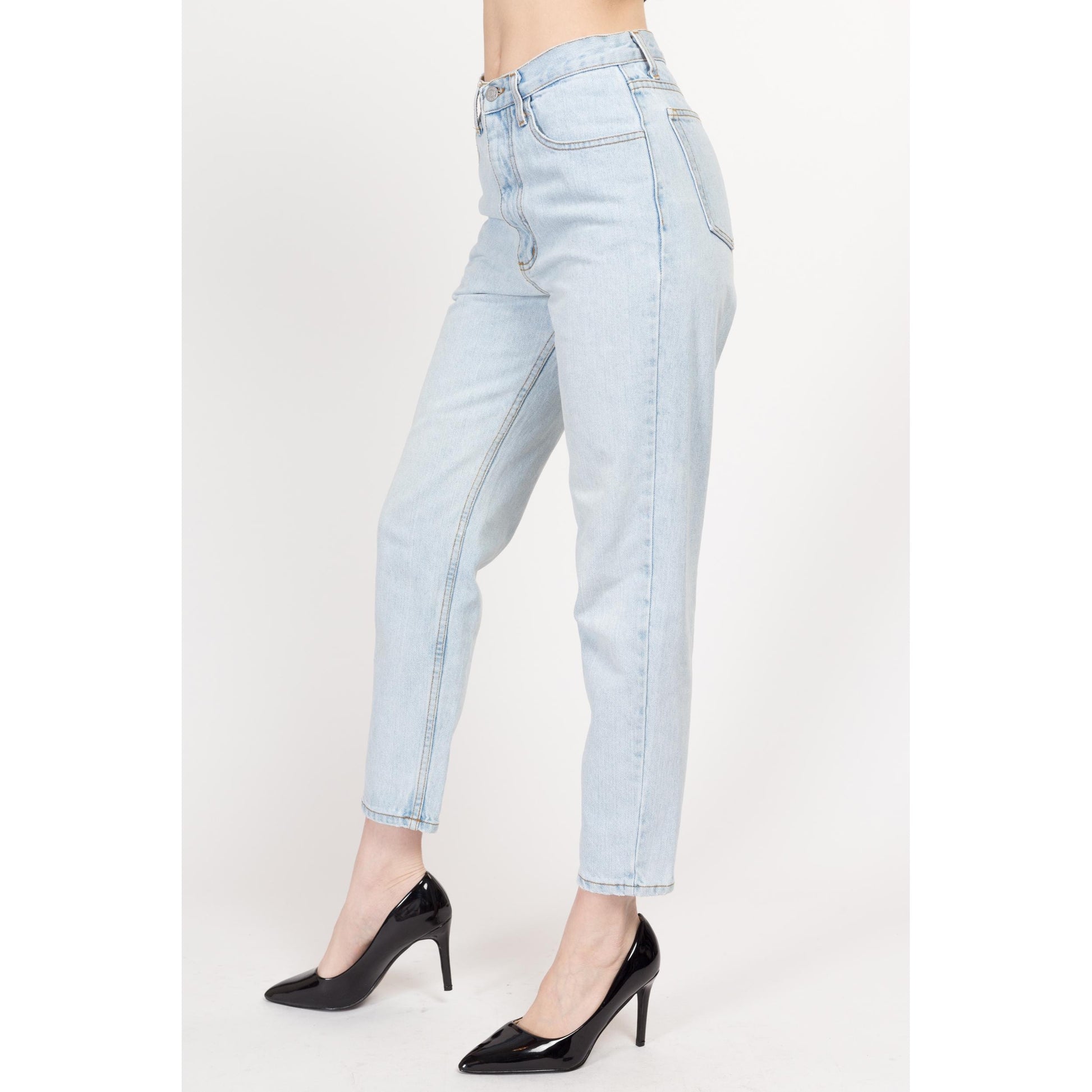 Small 90s Guess High Waisted Light Wash Jeans 26.5" | Vintage Denim Tapered Leg Mom Jeans