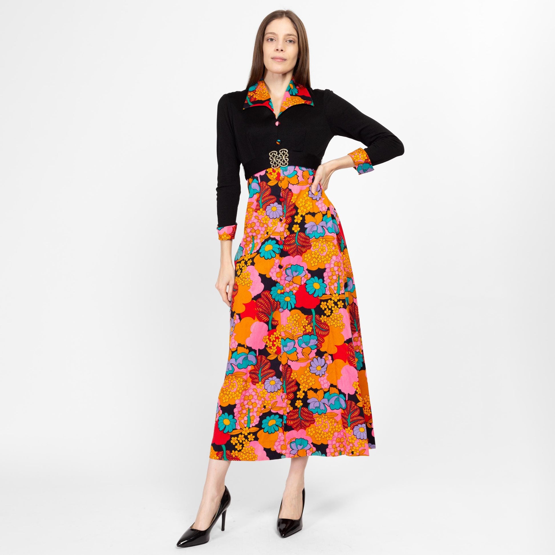 Small 70s Psychedelic Black & Pink Floral Maxi Dress Small 70s Psychedelic Black & Pink Floral Maxi Dress