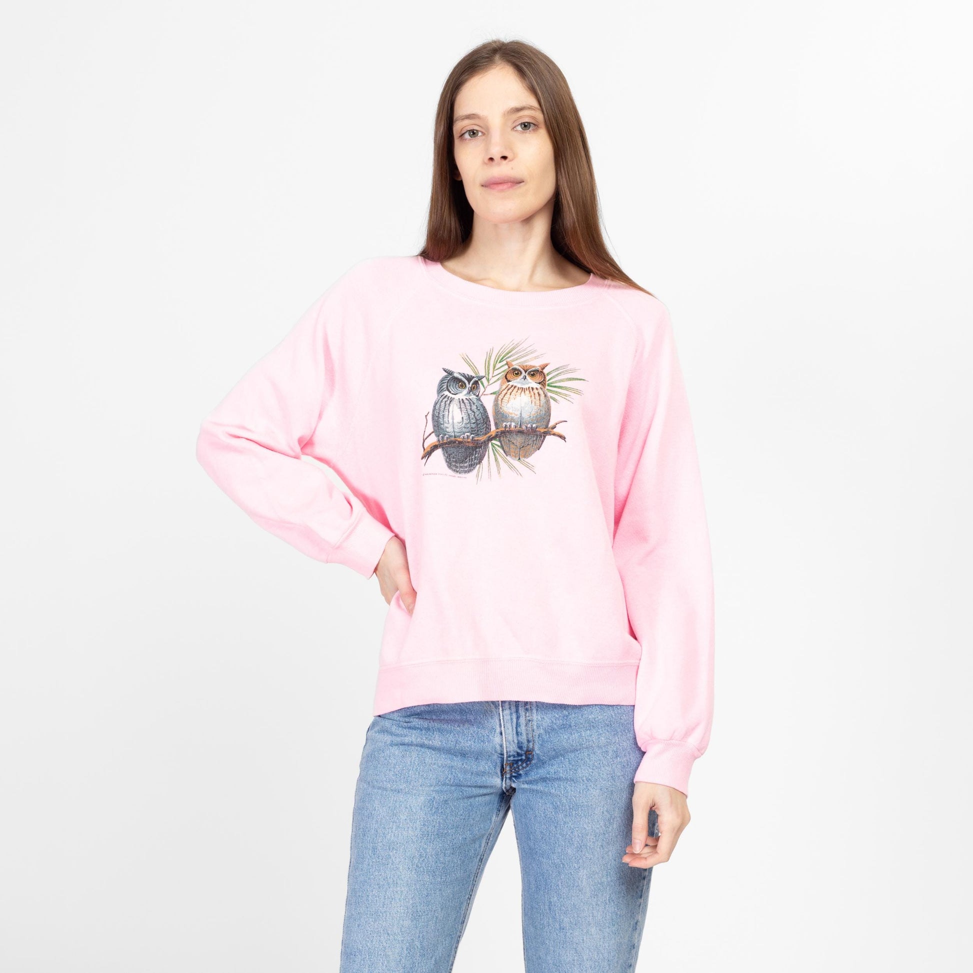Large 90s Pink Owl Sweatshirt | Vintage Cute Animal Bird Graphic Raglan Sleeve Pullover
