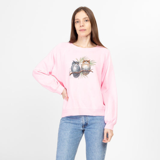 Large 90s Pink Owl Sweatshirt | Vintage Cute Animal Bird Graphic Raglan Sleeve Pullover
