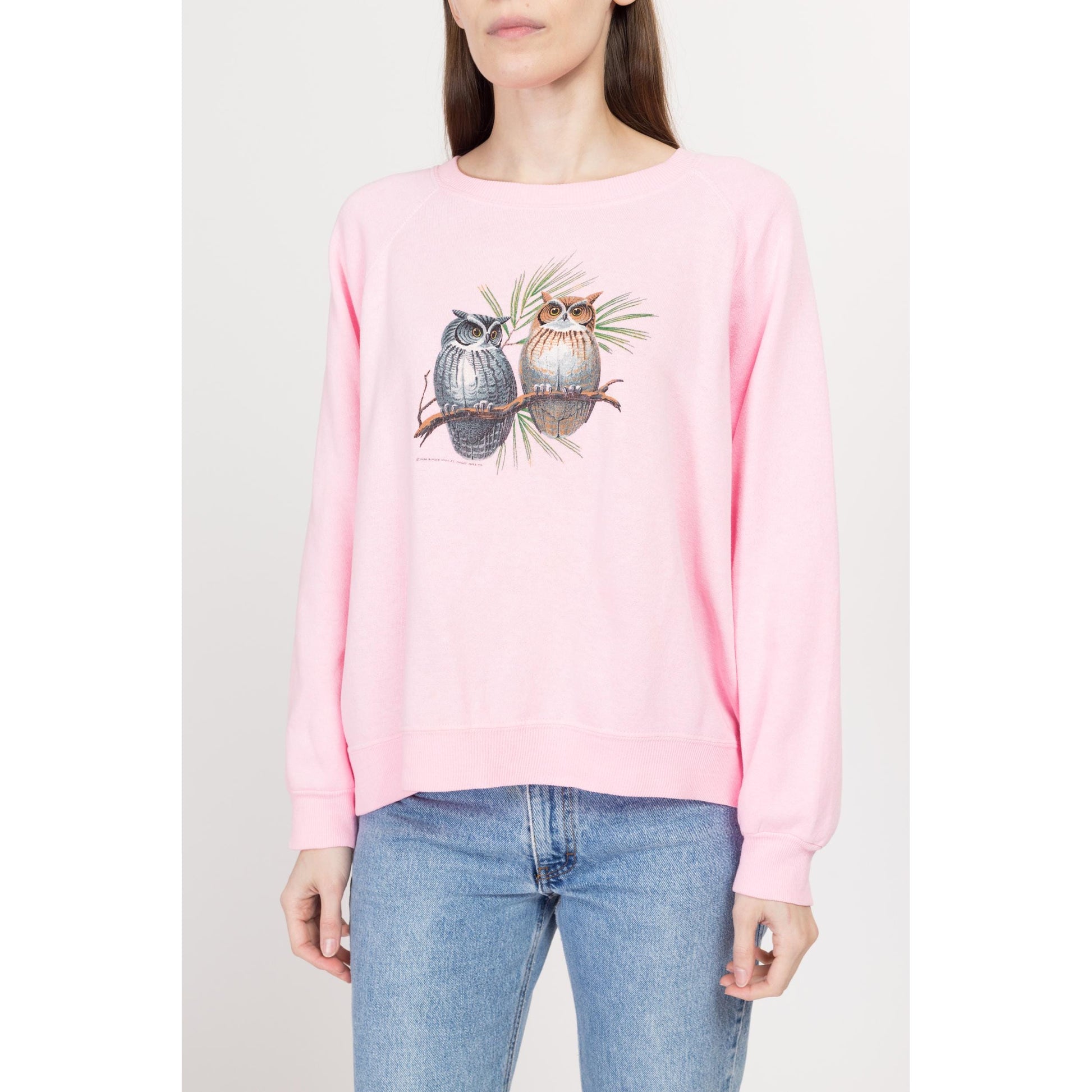 Large 90s Pink Owl Sweatshirt | Vintage Cute Animal Bird Graphic Raglan Sleeve Pullover