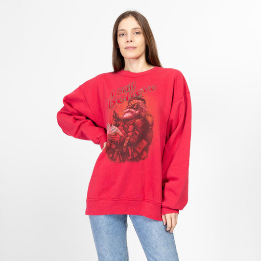 XL-XXL 90s Santa "I Still Believe" Christmas Sweatshirt Unisex | Vintage Faded Red Oversize Graphic Pullover