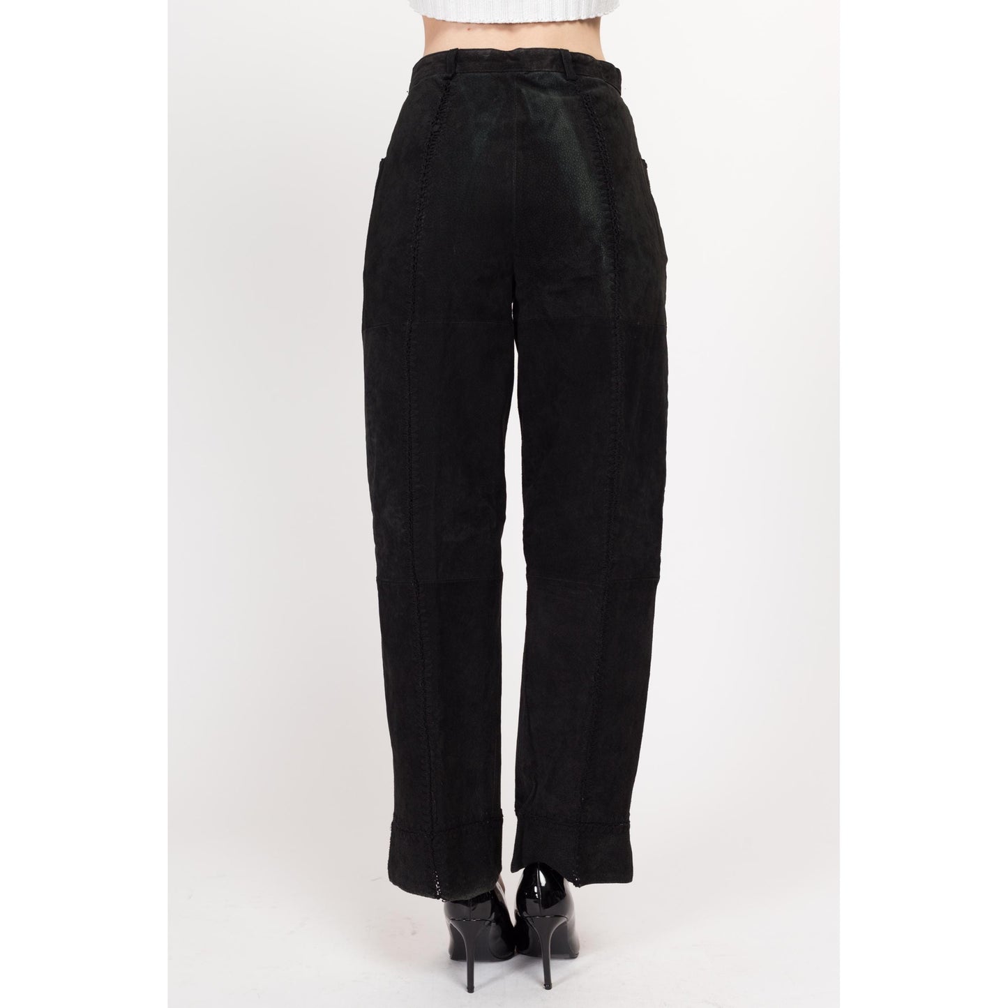 Small 90s Boho Black Suede Patchwork Trousers 26.5" | Vintage High Waisted Leather Straight Leg Pants