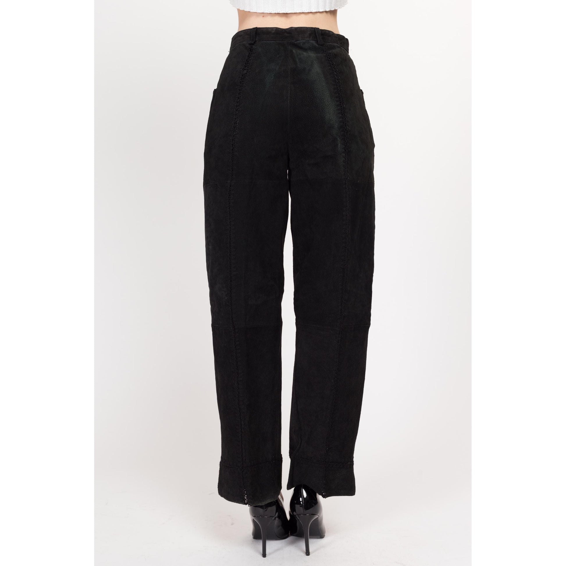Small 90s Boho Black Suede Patchwork Trousers 26.5" | Vintage High Waisted Leather Straight Leg Pants