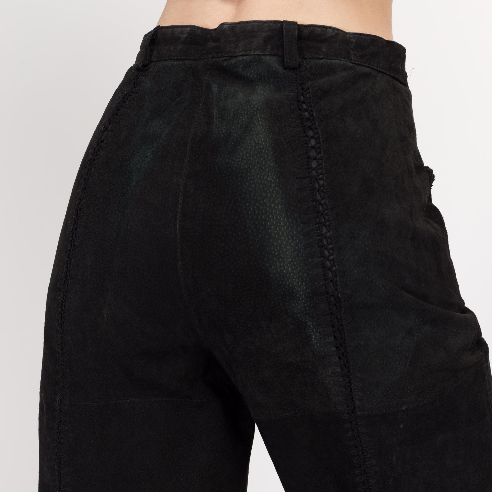 Small 90s Boho Black Suede Patchwork Trousers 26.5" | Vintage High Waisted Leather Straight Leg Pants