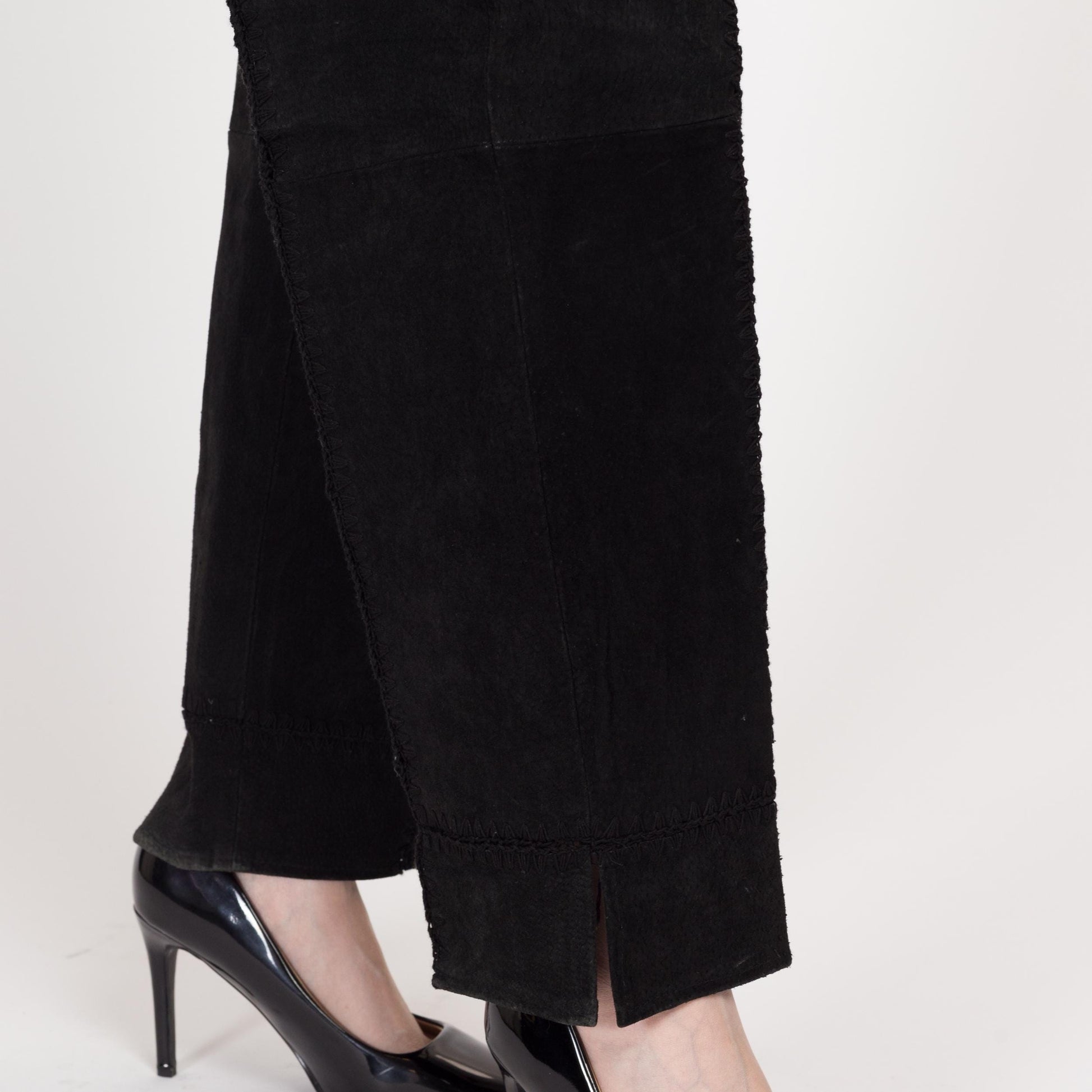Small 90s Boho Black Suede Patchwork Trousers 26.5" | Vintage High Waisted Leather Straight Leg Pants