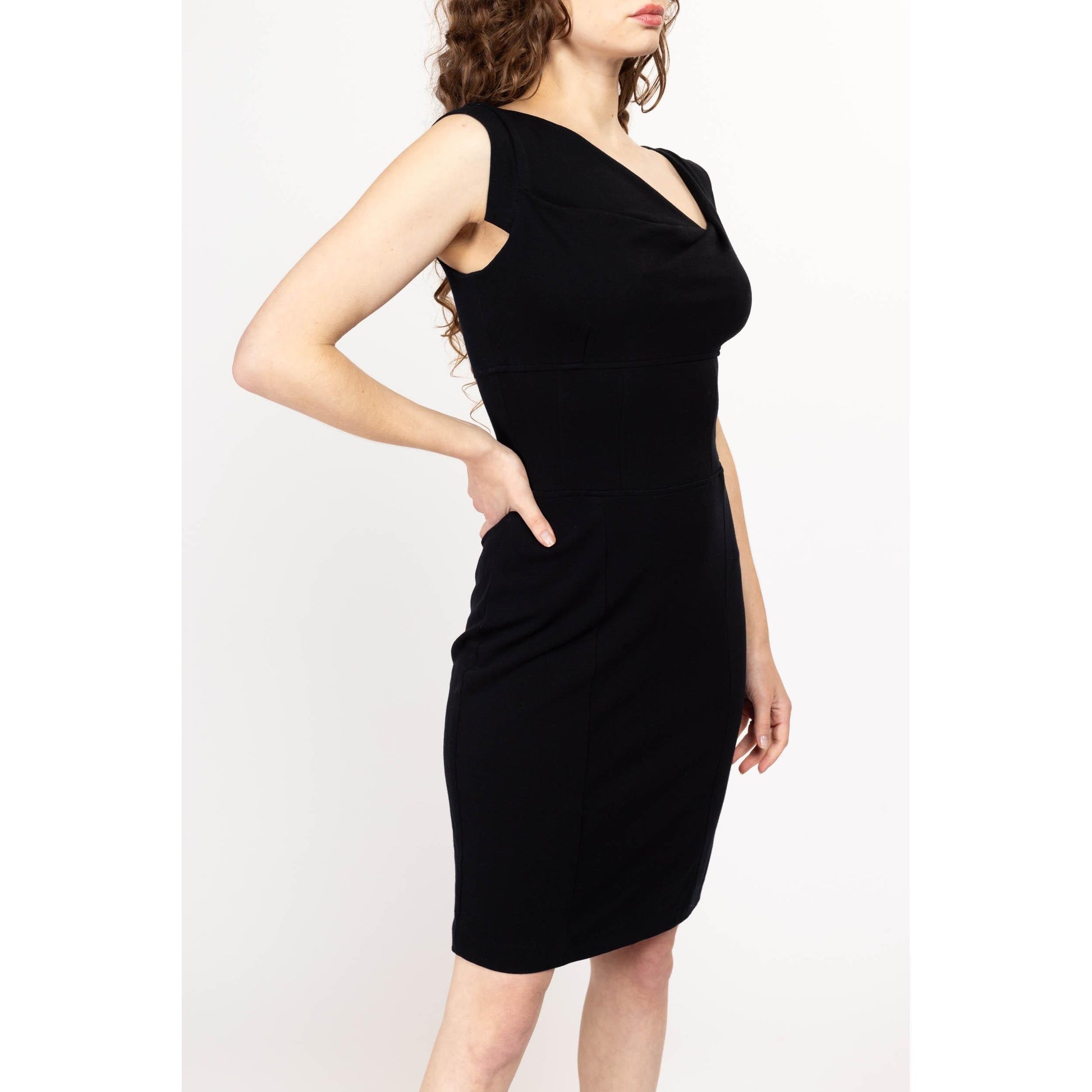 Small 90s Cache Little Black Asymmetrical Neckline Dress | Vintage Fitted Stretchy Split Sleeve Mini Party Dress