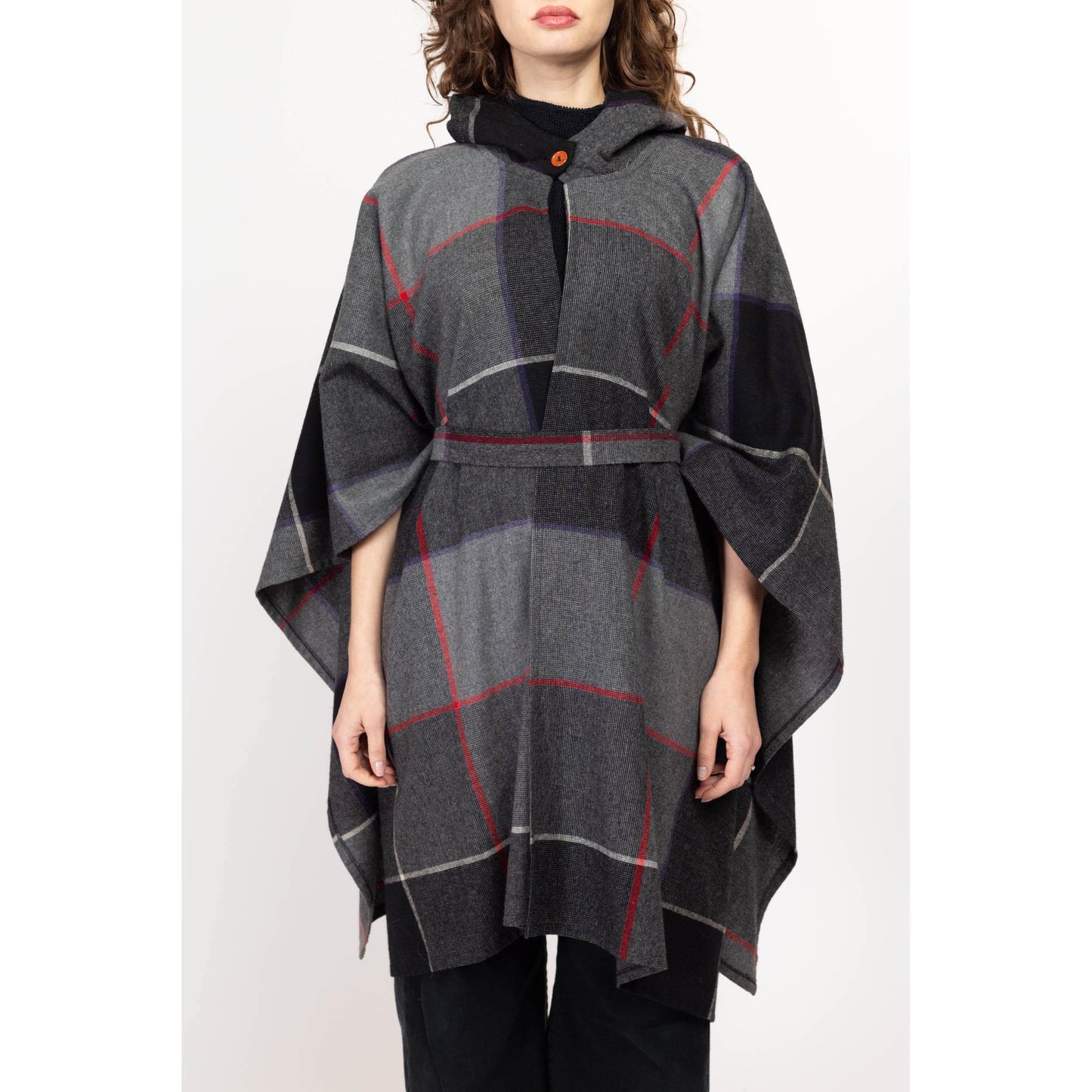 One Size 80s Grey Plaid Wool Hooded Poncho | Boho Vintage Fall Winter Long Cape