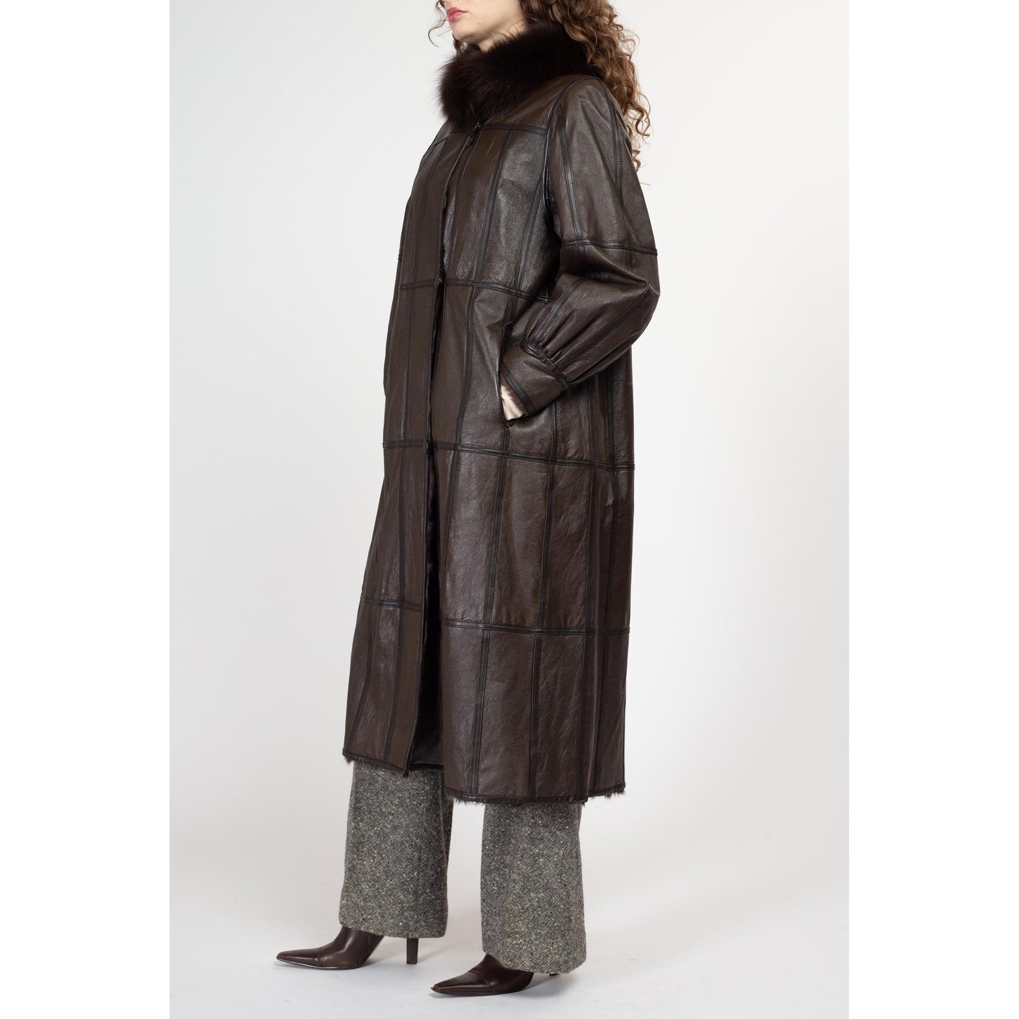 Medium 90s Dark Brown Leather & Fur Reversible Coat | Vintage Patchwork Collared Long Winter Jacket