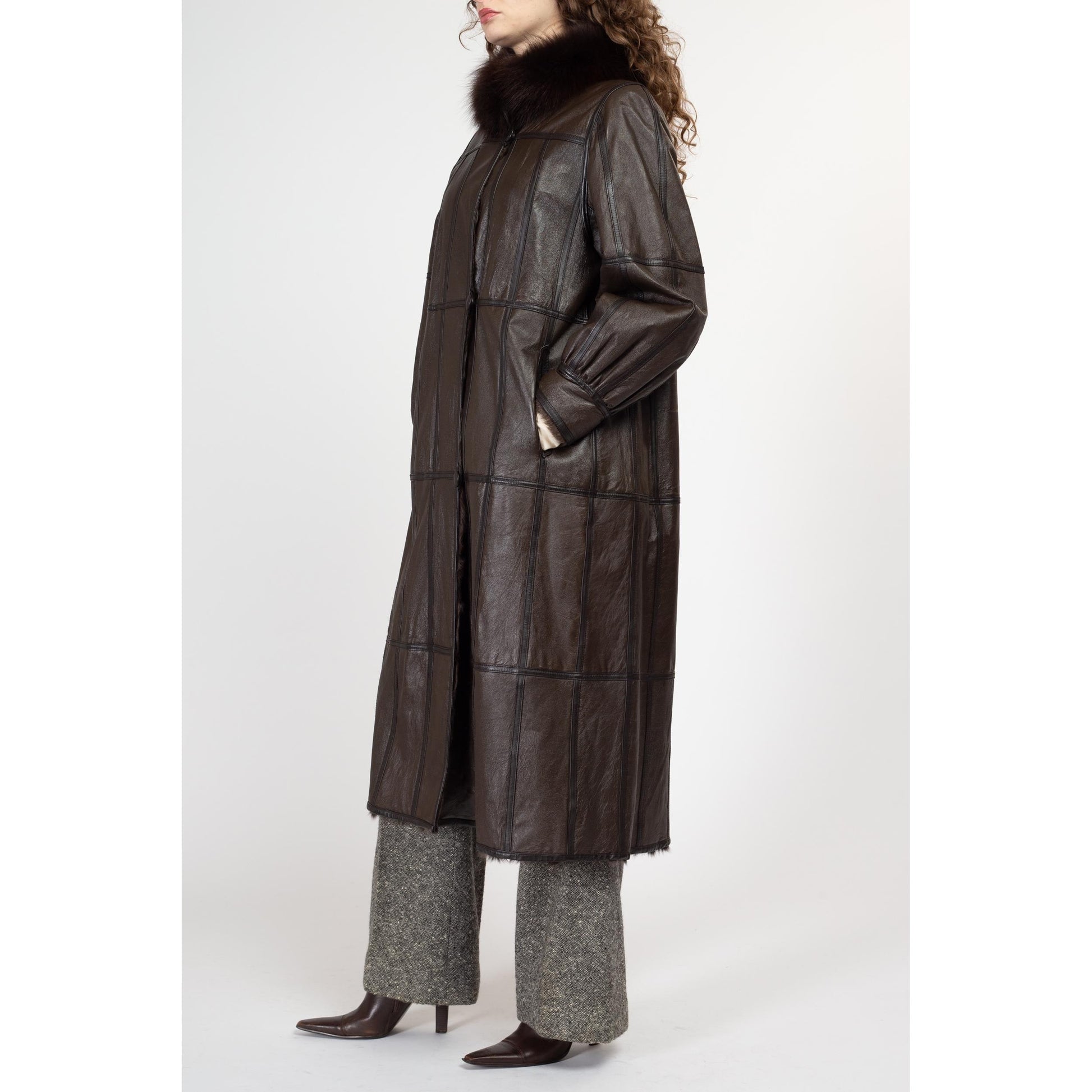 Medium 90s Dark Brown Leather & Fur Reversible Coat | Vintage Patchwork Collared Long Winter Jacket