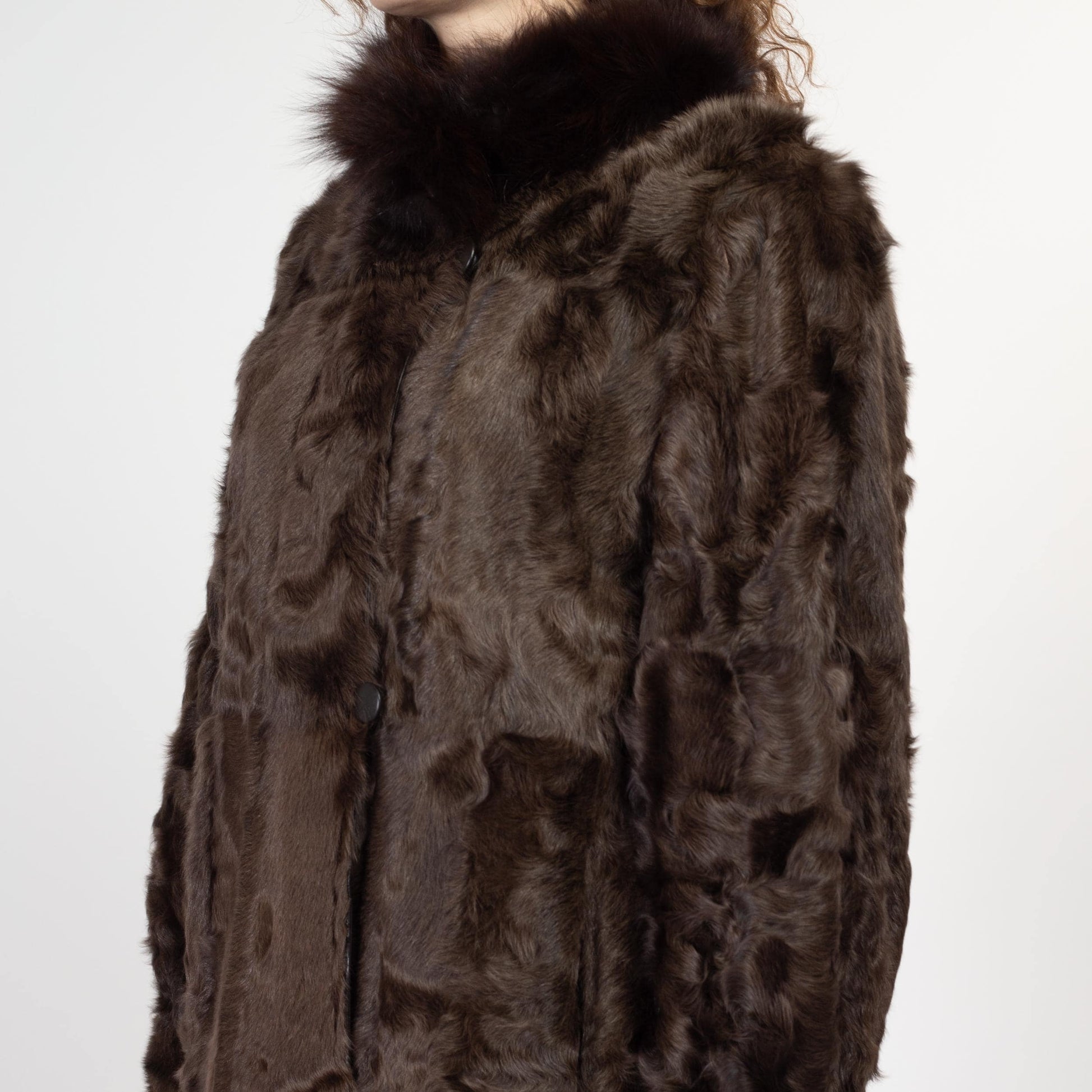 Medium 90s Dark Brown Leather & Fur Reversible Coat | Vintage Patchwork Collared Long Winter Jacket