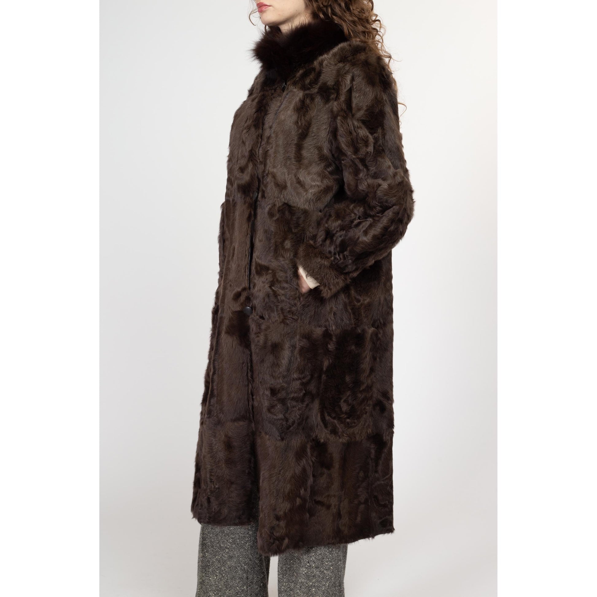 Medium 90s Dark Brown Leather & Fur Reversible Coat | Vintage Patchwork Collared Long Winter Jacket