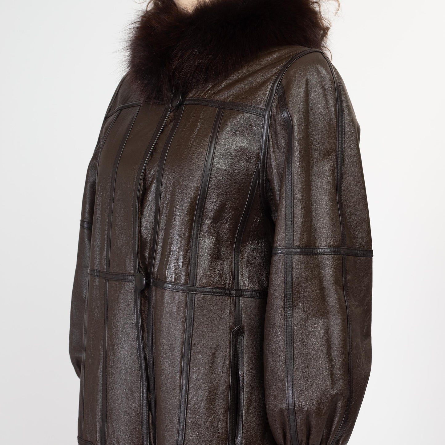 Medium 90s Dark Brown Leather & Fur Reversible Coat | Vintage Patchwork Collared Long Winter Jacket