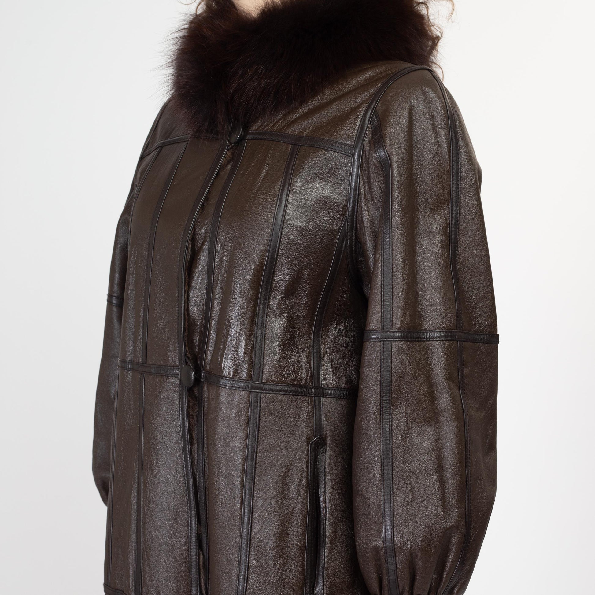 Medium 90s Dark Brown Leather & Fur Reversible Coat | Vintage Patchwork Collared Long Winter Jacket