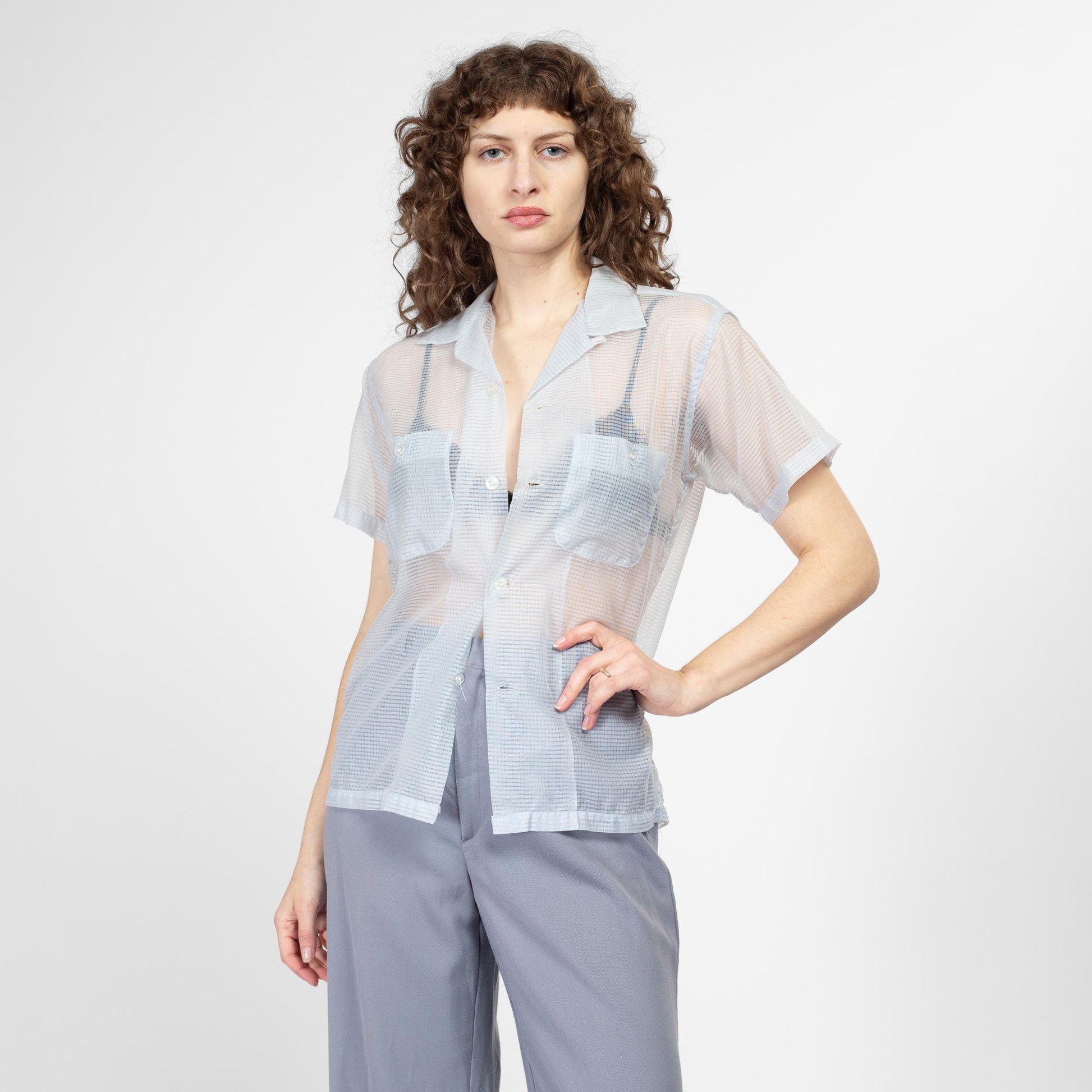 Small 60s Sheer Pastel Blue Collared Shirt Unisex | Vintage Short Sleeve Button Up Nylon Top