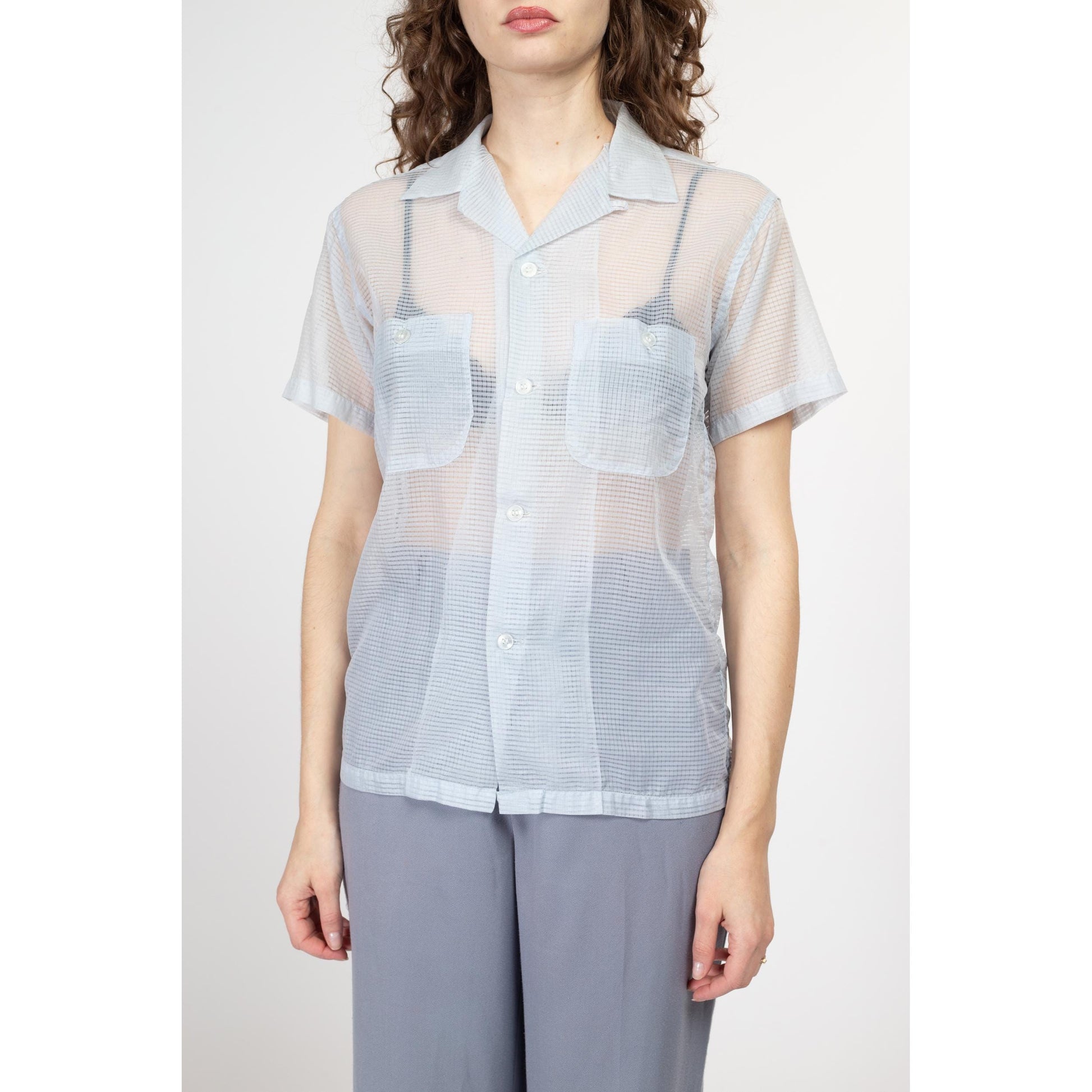 Small 60s Sheer Pastel Blue Collared Shirt Unisex | Vintage Short Sleeve Button Up Nylon Top