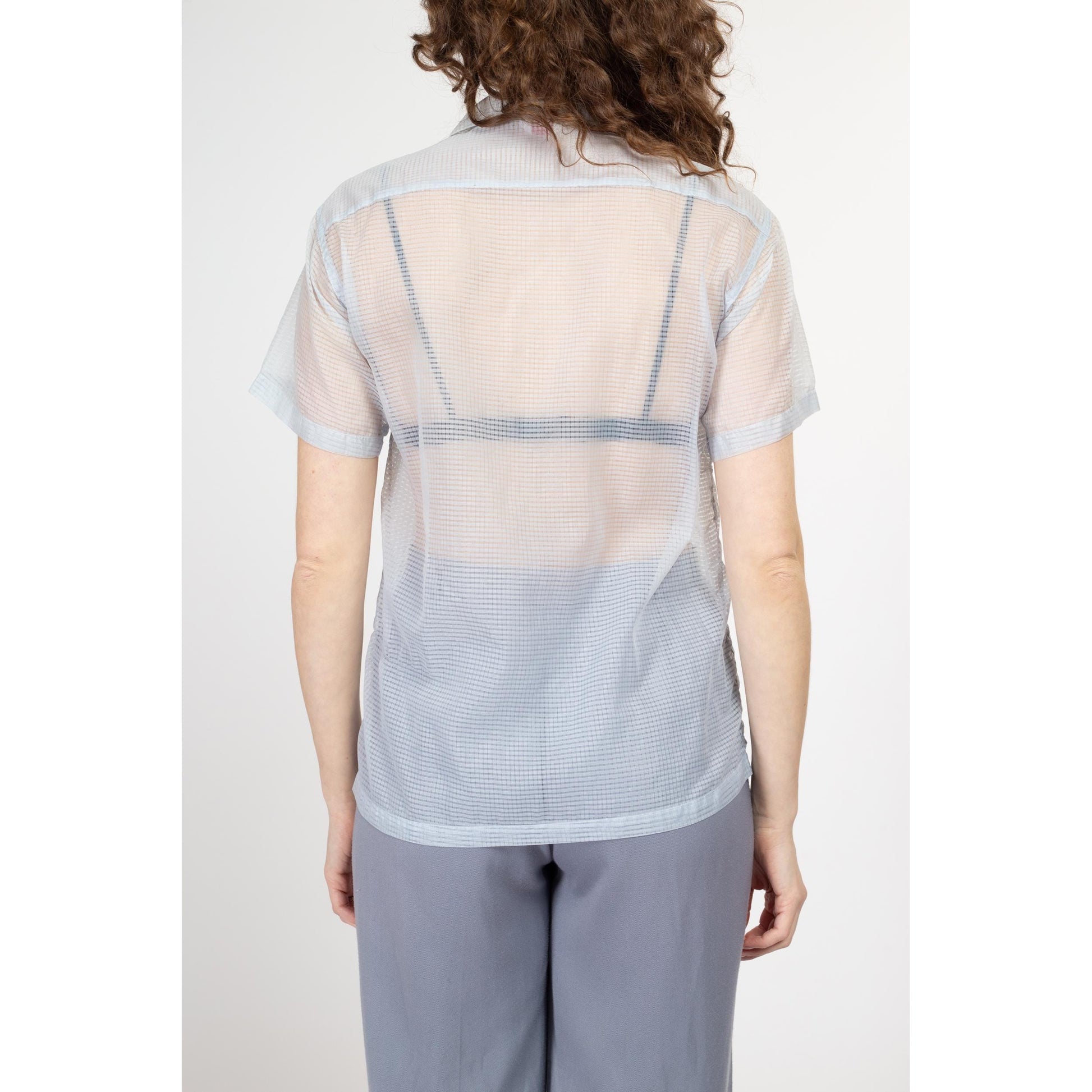 Small 60s Sheer Pastel Blue Collared Shirt Unisex | Vintage Short Sleeve Button Up Nylon Top
