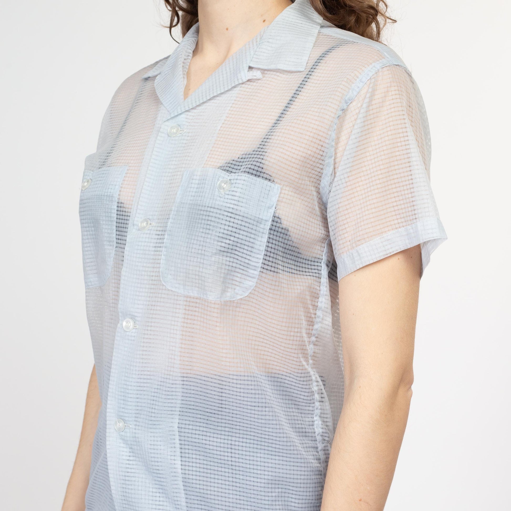 Small 60s Sheer Pastel Blue Collared Shirt Unisex | Vintage Short Sleeve Button Up Nylon Top