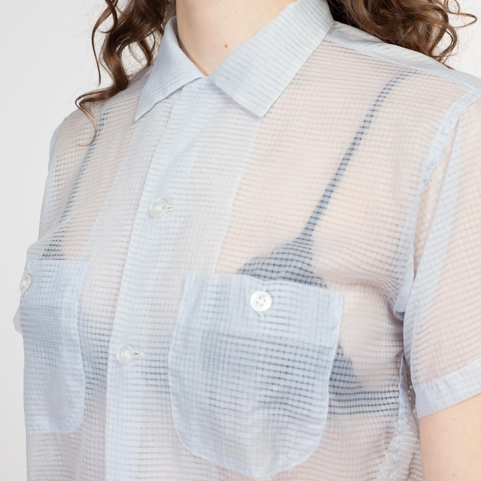Small 60s Sheer Pastel Blue Collared Shirt Unisex | Vintage Short Sleeve Button Up Nylon Top