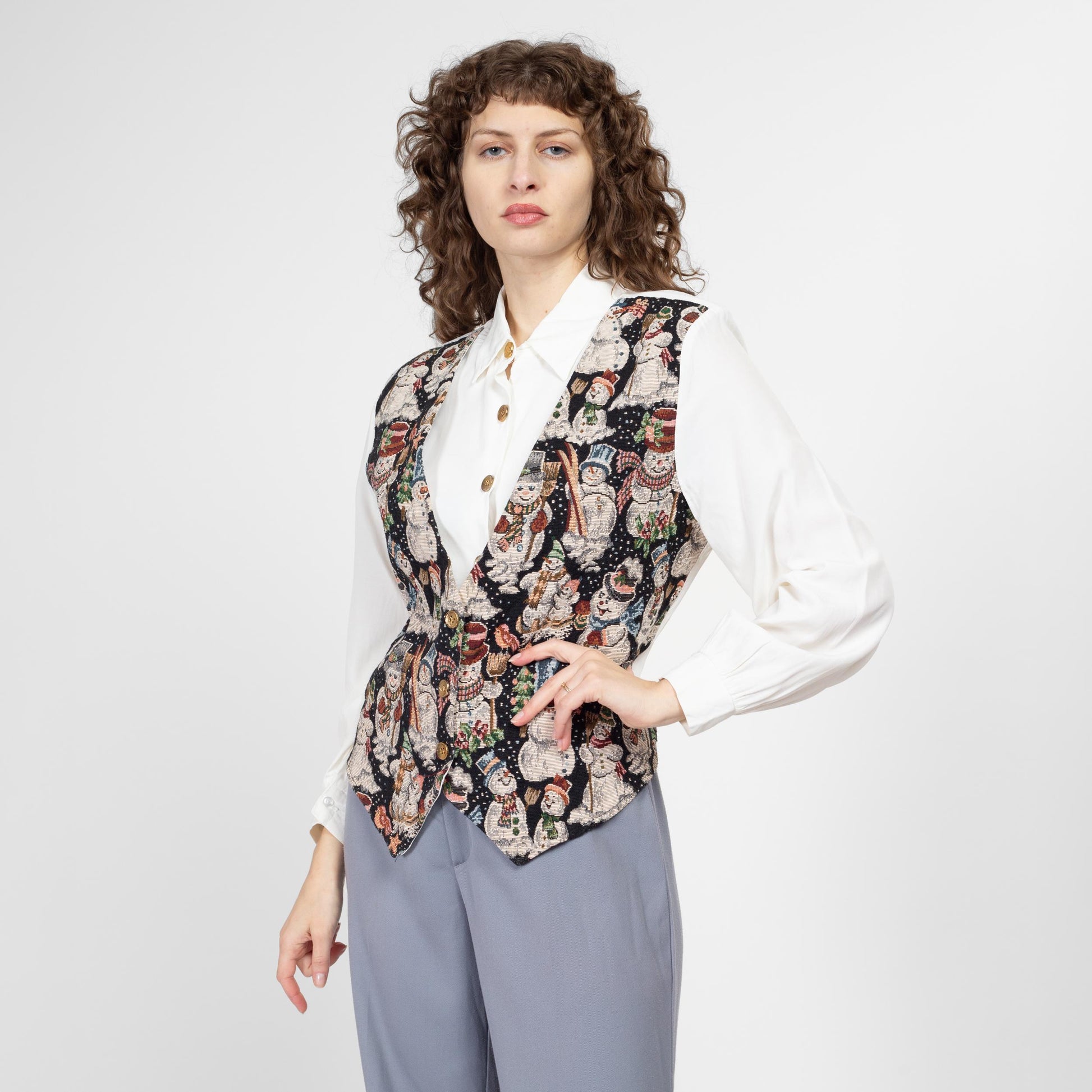 Large 80s Snowman Tapestry Vest Blouse | Vintage Christmas Novelty Print Button Up Long Sleeve Top