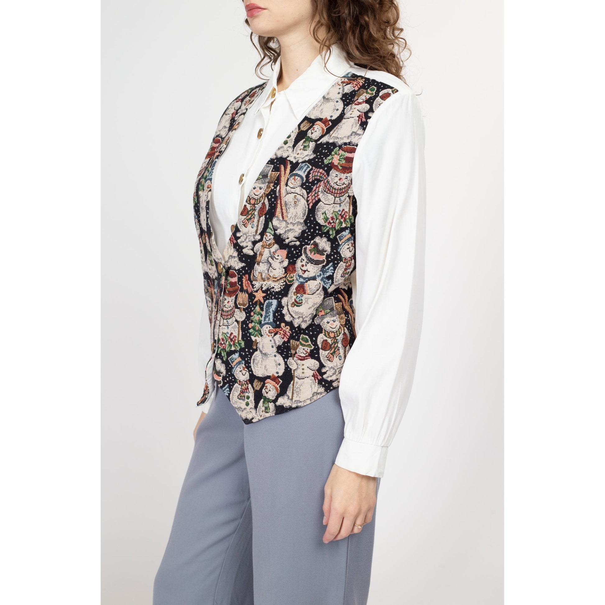 Large 80s Snowman Tapestry Vest Blouse | Vintage Christmas Novelty Print Button Up Long Sleeve Top