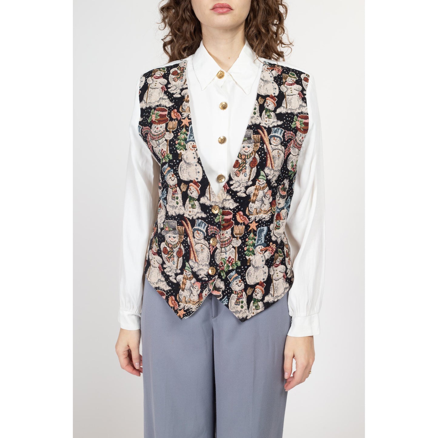 Large 80s Snowman Tapestry Vest Blouse | Vintage Christmas Novelty Print Button Up Long Sleeve Top
