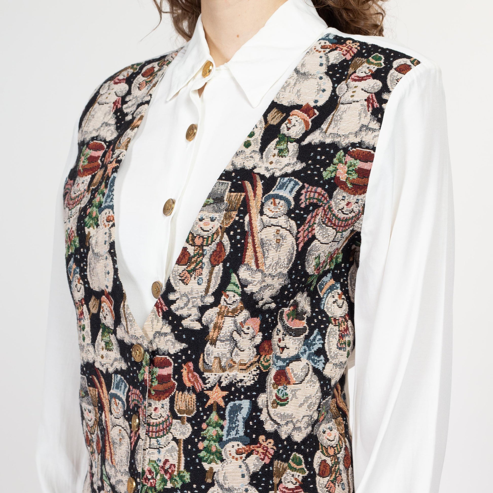 Large 80s Snowman Tapestry Vest Blouse | Vintage Christmas Novelty Print Button Up Long Sleeve Top