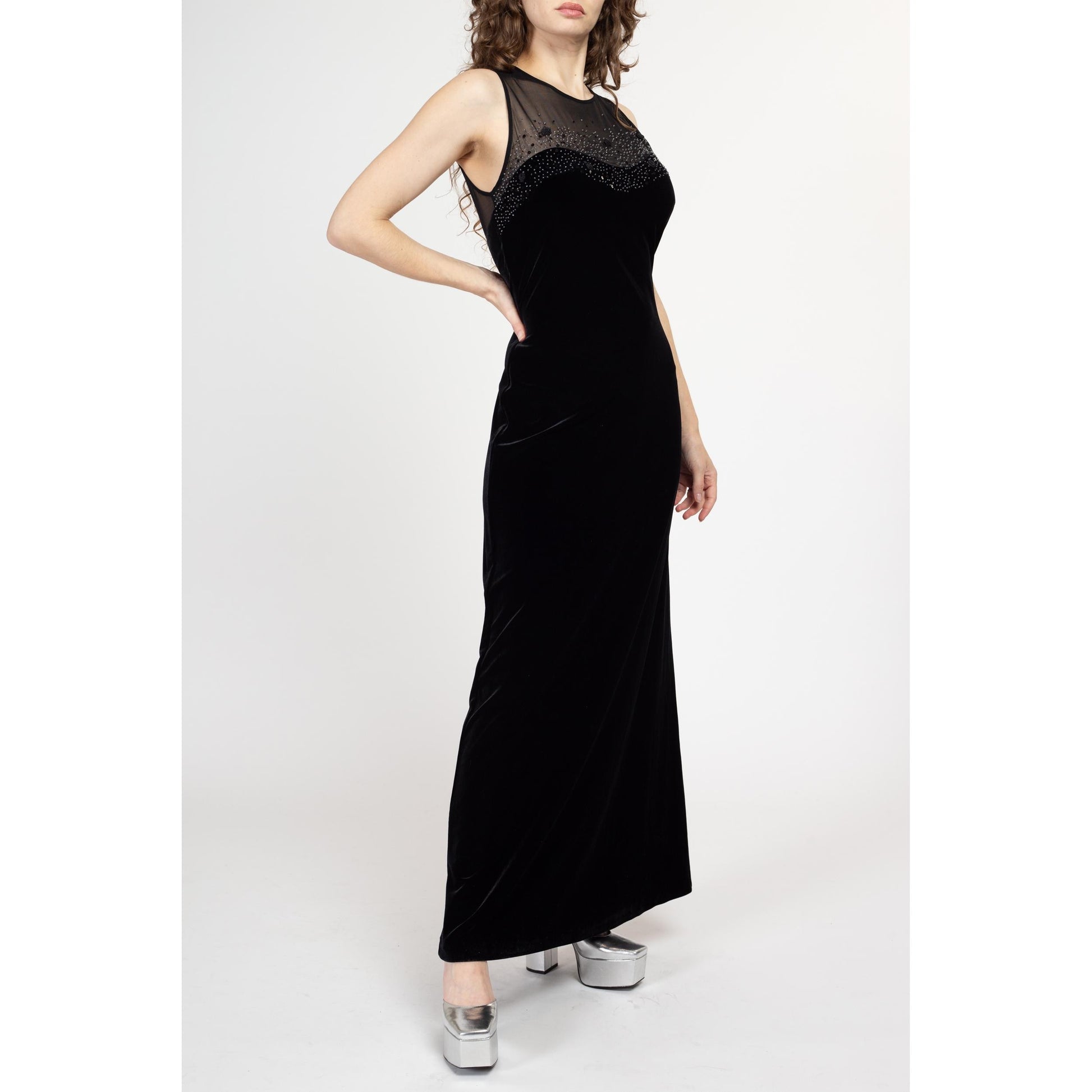 Medium 90s Black Velvet Sheer Illusion Maxi Gown Medium 90s Black Velvet Sheer Illusion Maxi Gown