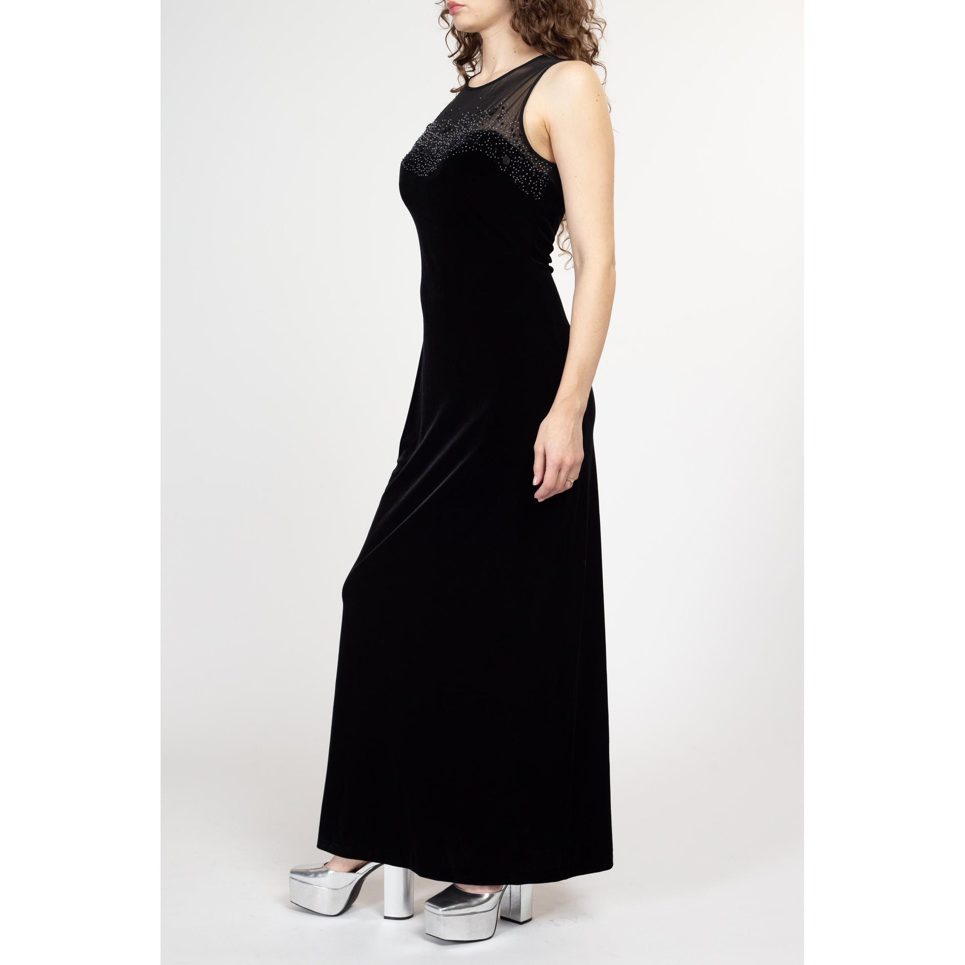Medium 90s Black Velvet Sheer Illusion Maxi Gown Medium 90s Black Velvet Sheer Illusion Maxi Gown