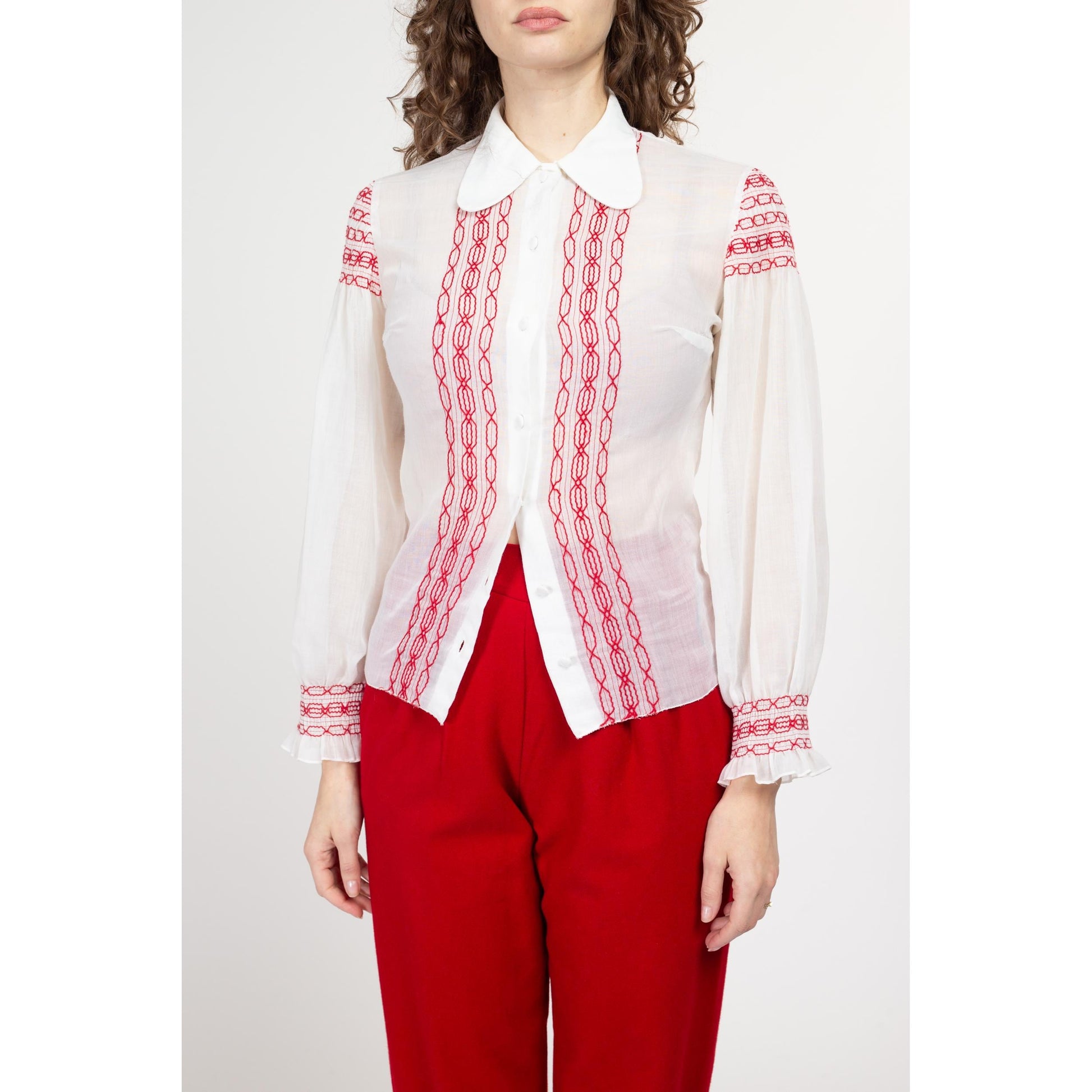 70s Boho White & Red Embroidered Folk Blouse | Vintage Dog Ear Collar Sheer Long Sleeve Peasant Shirt