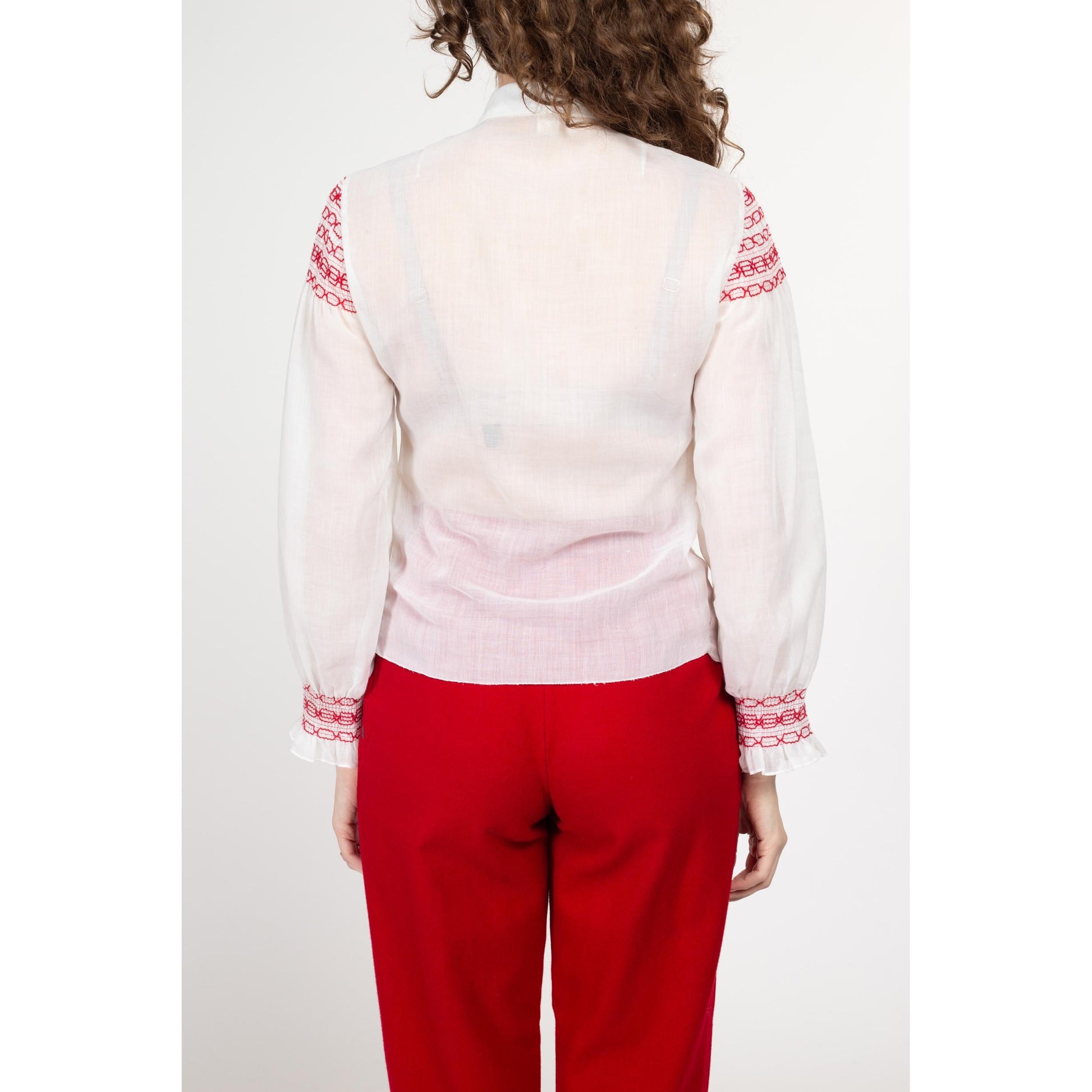 70s Boho White & Red Embroidered Folk Blouse | Vintage Dog Ear Collar Sheer Long Sleeve Peasant Shirt