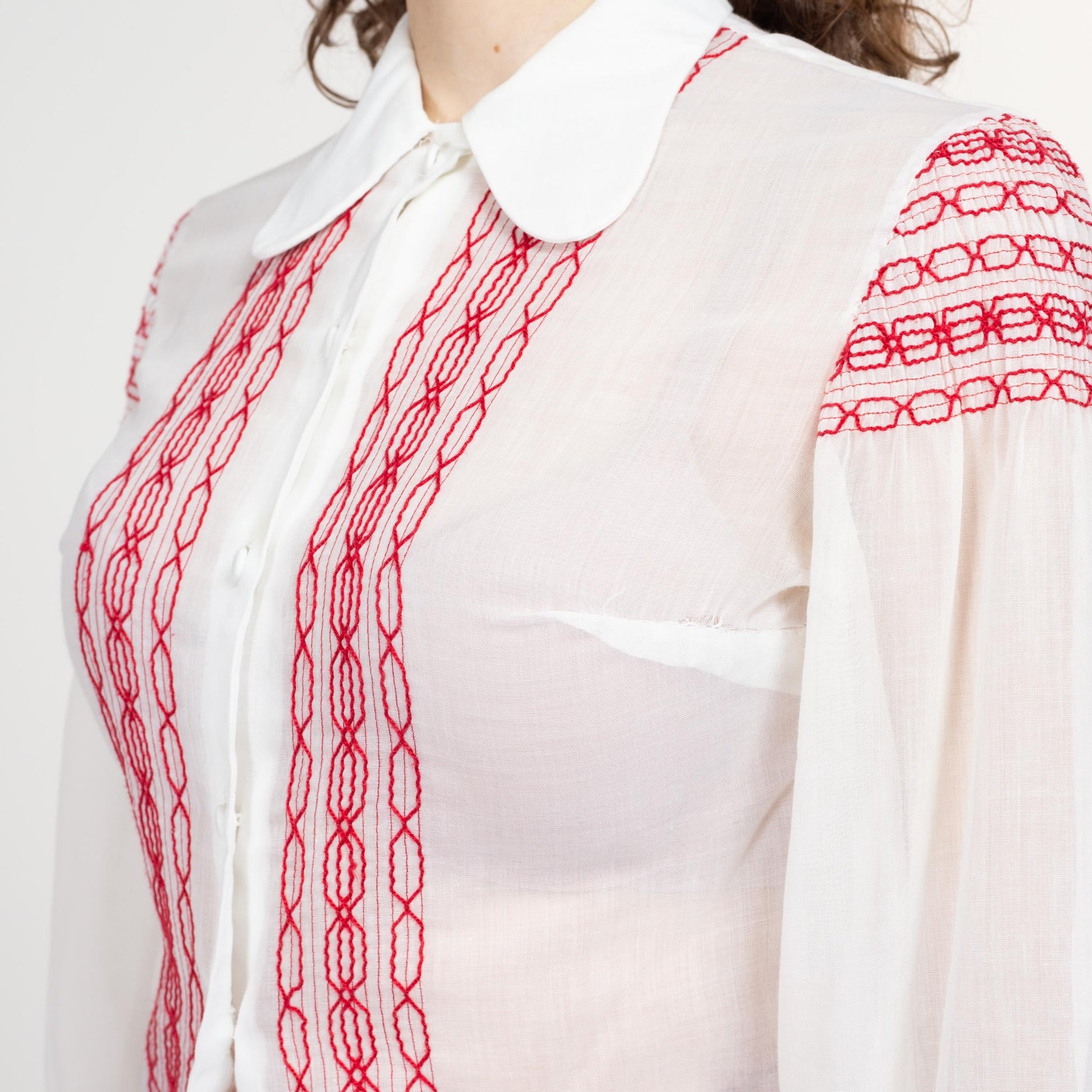 70s Boho White & Red Embroidered Folk Blouse | Vintage Dog Ear Collar Sheer Long Sleeve Peasant Shirt