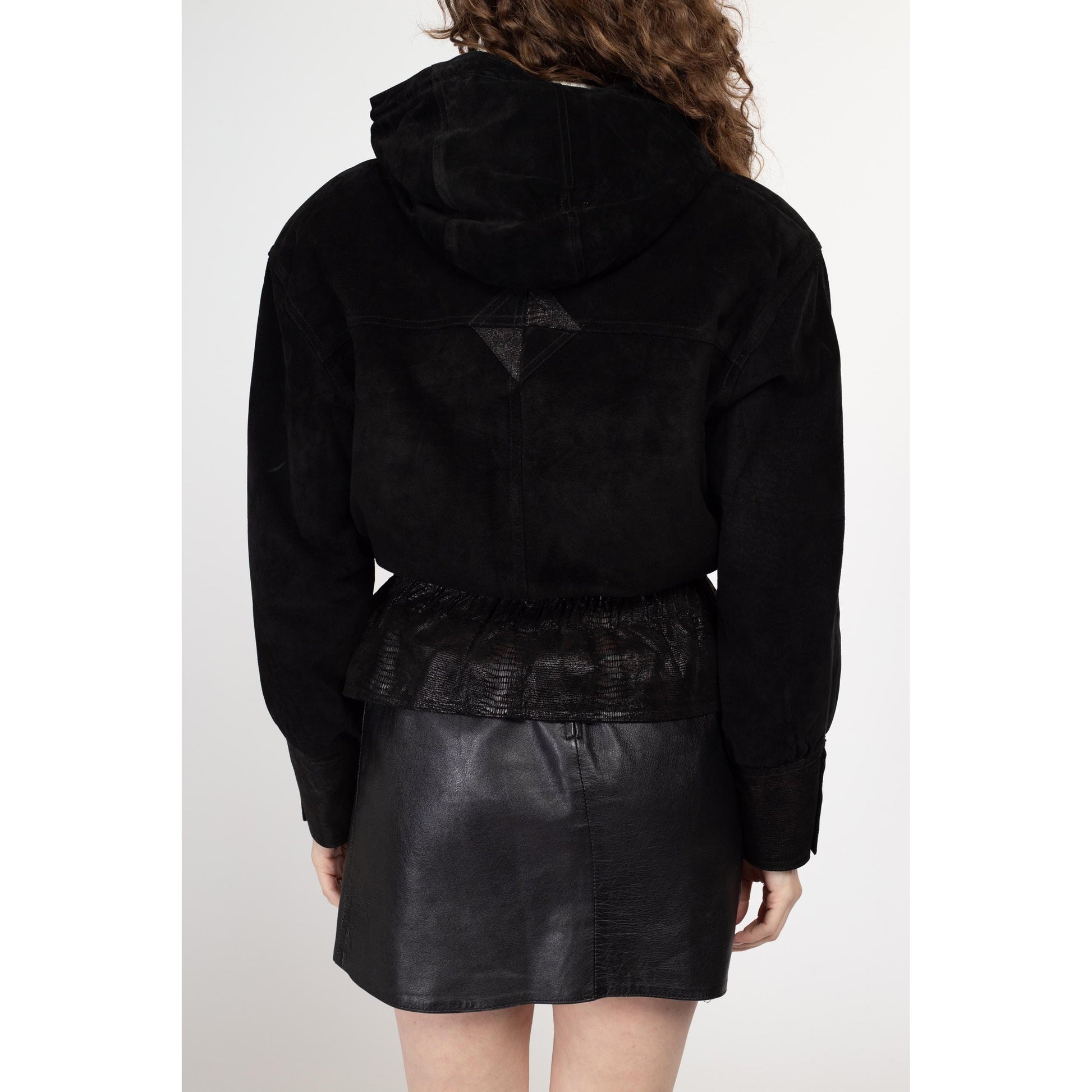 Medium 80s Black Embossed Suede Cropped Hooded Jacket | Vintage Leather Snakeskin Trim Fitted Waist Button Up Bomber Coat