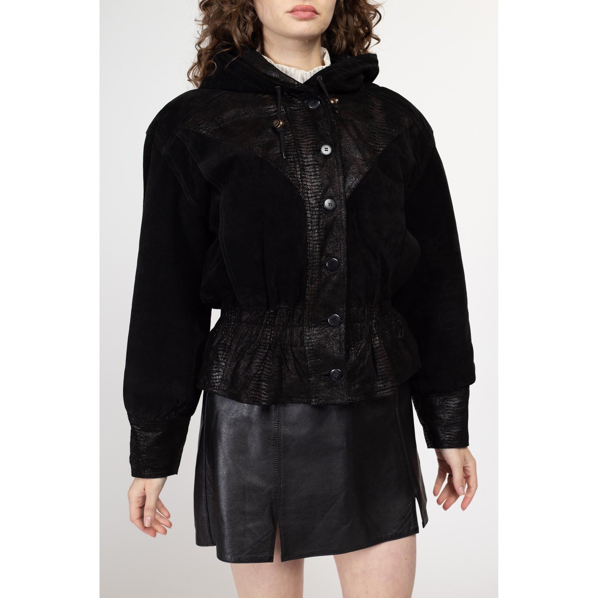 Medium 80s Black Embossed Suede Cropped Hooded Jacket | Vintage Leather Snakeskin Trim Fitted Waist Button Up Bomber Coat