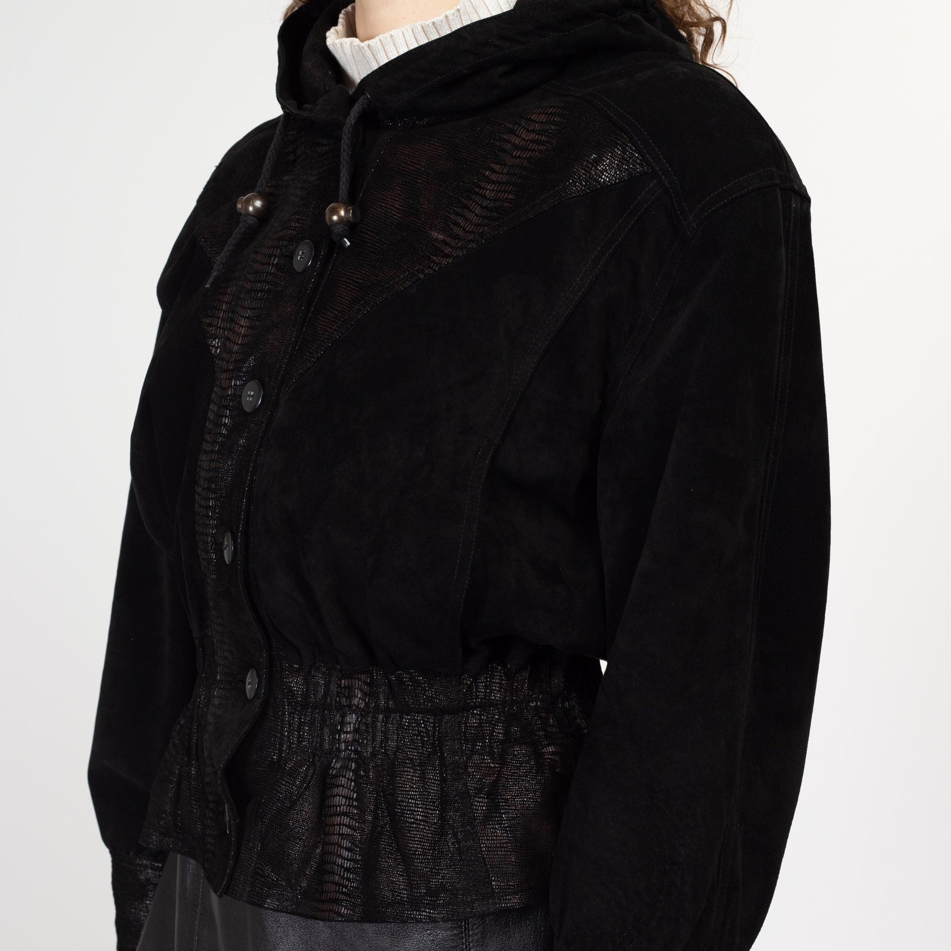 Medium 80s Black Embossed Suede Cropped Hooded Jacket | Vintage Leather Snakeskin Trim Fitted Waist Button Up Bomber Coat