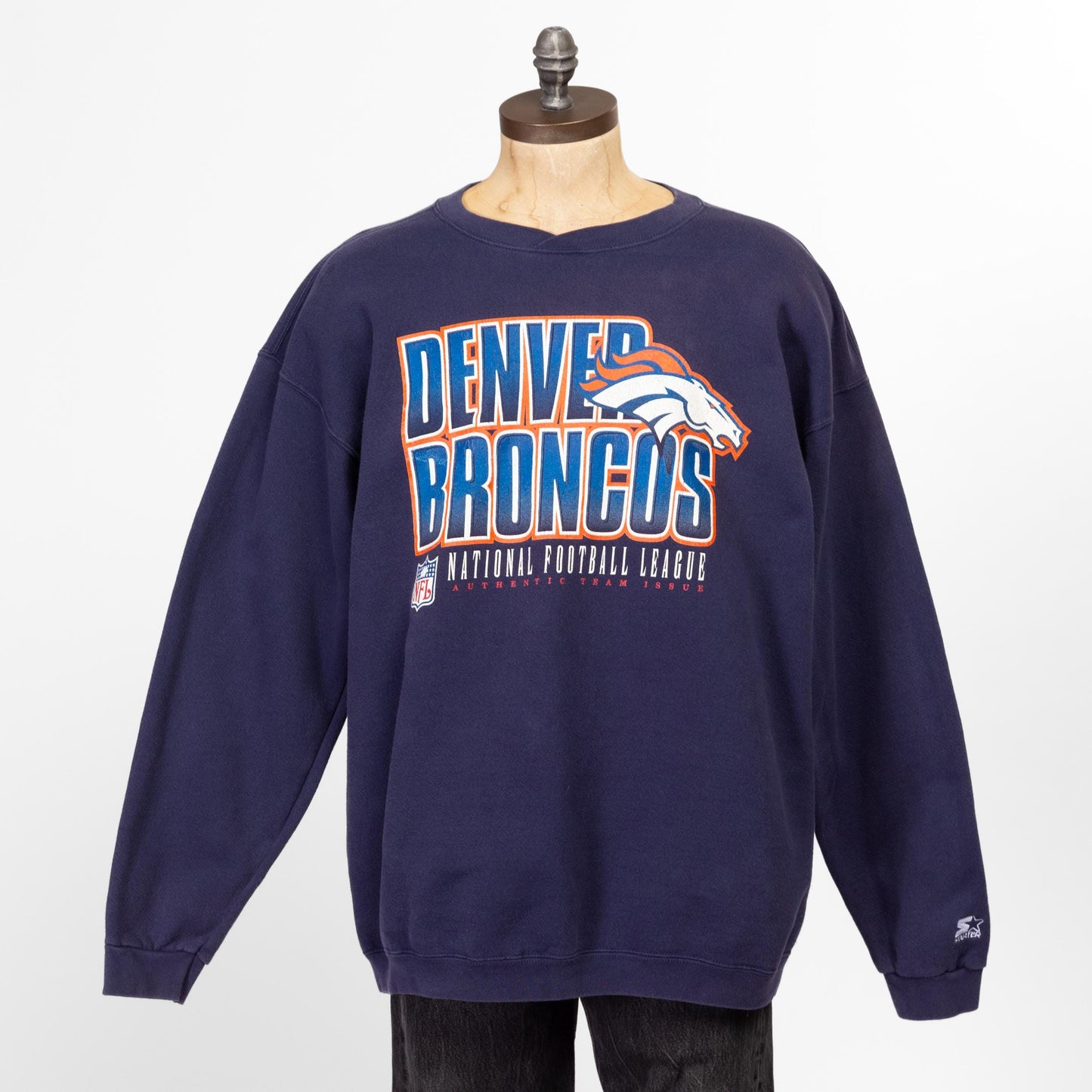 Medium 90s Denver Broncos NFL Starter Sweatshirt | Vintage Navy Blue Football Graphic Crewneck Sweater