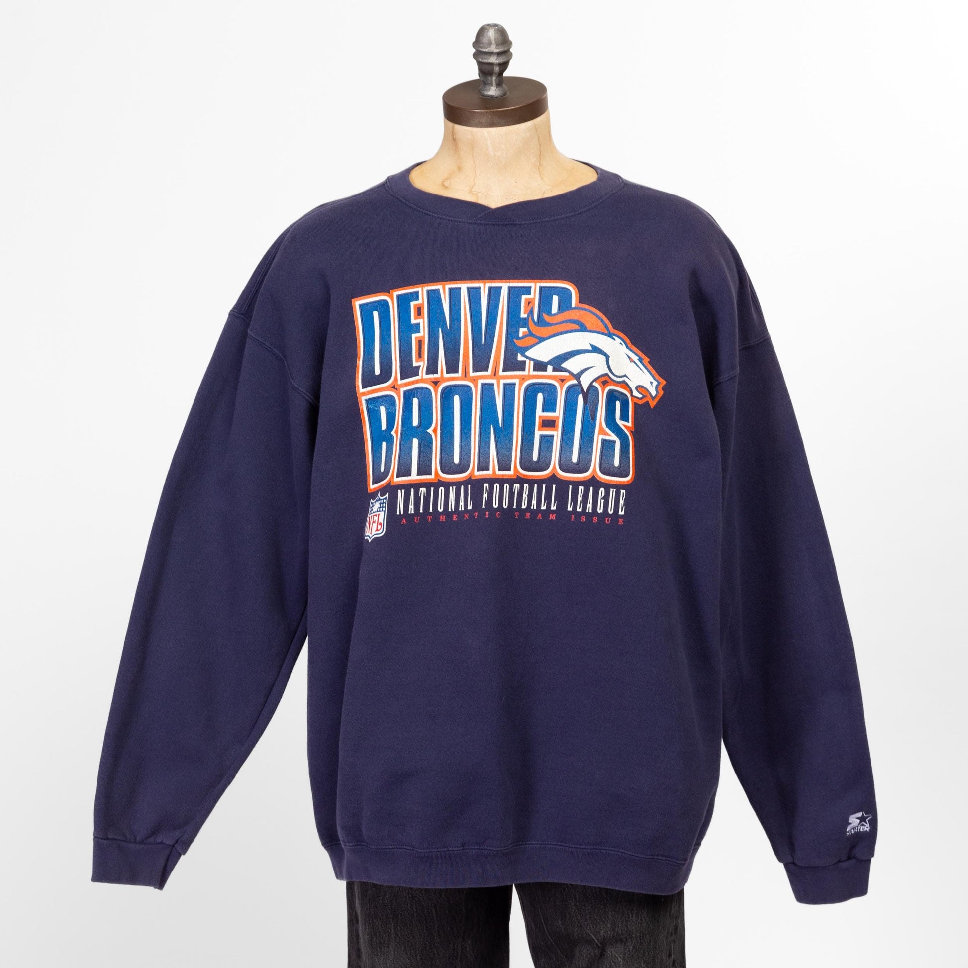 Medium 90s Denver Broncos NFL Starter Sweatshirt | Vintage Navy Blue Football Graphic Crewneck Sweater