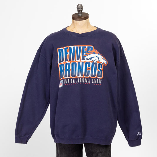 Medium 90s Denver Broncos NFL Starter Sweatshirt | Vintage Navy Blue Football Graphic Crewneck Sweater