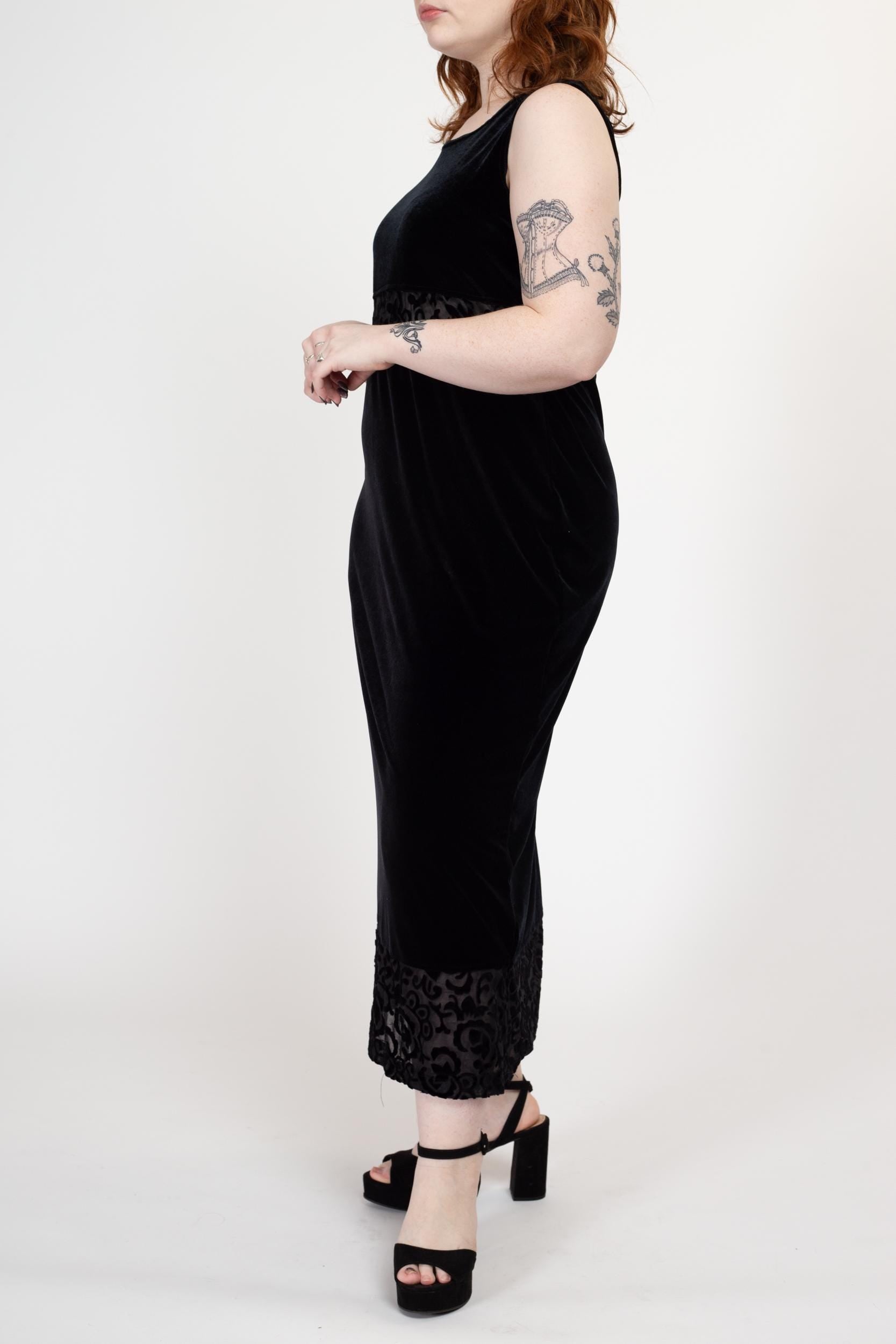 Petite Large 90s Black Velvet Sheer Waist Maxi Dress Petite Large 90s Black Velvet Sheer Waist Maxi Dress