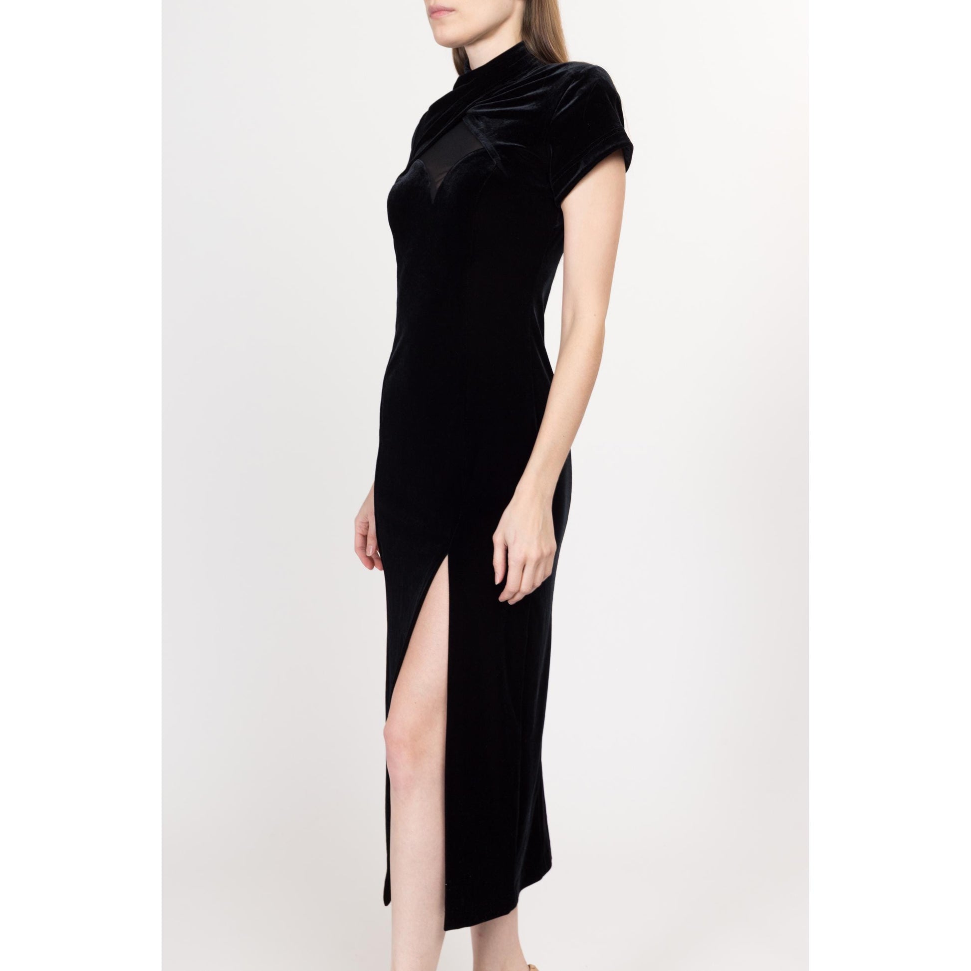 Small 90s Black Velvet Sheer Illusion Party Dress | Vintage Short Sleeve Backless Formal Bodycon Midi Dress
