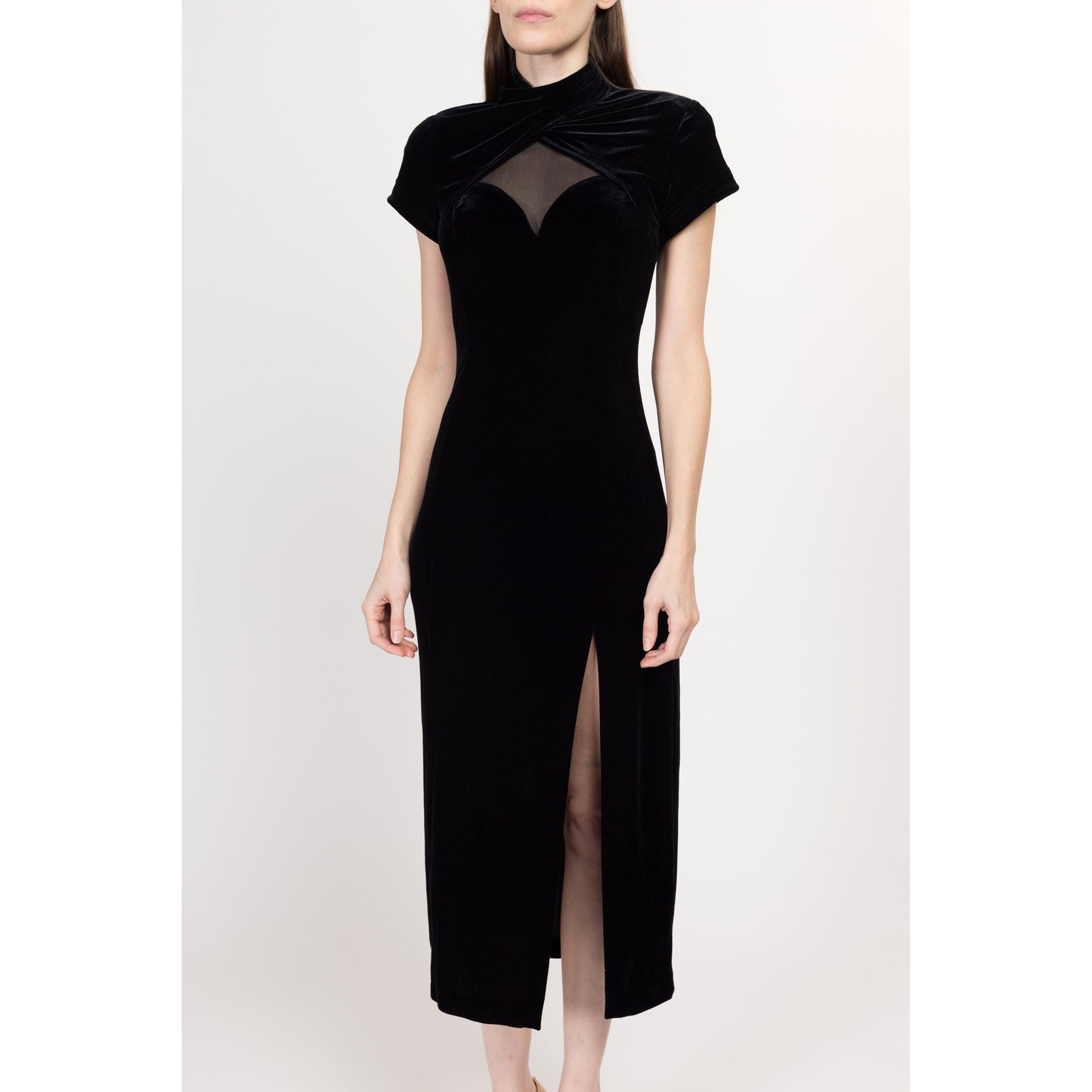 Small 90s Black Velvet Sheer Illusion Party Dress | Vintage Short Sleeve Backless Formal Bodycon Midi Dress